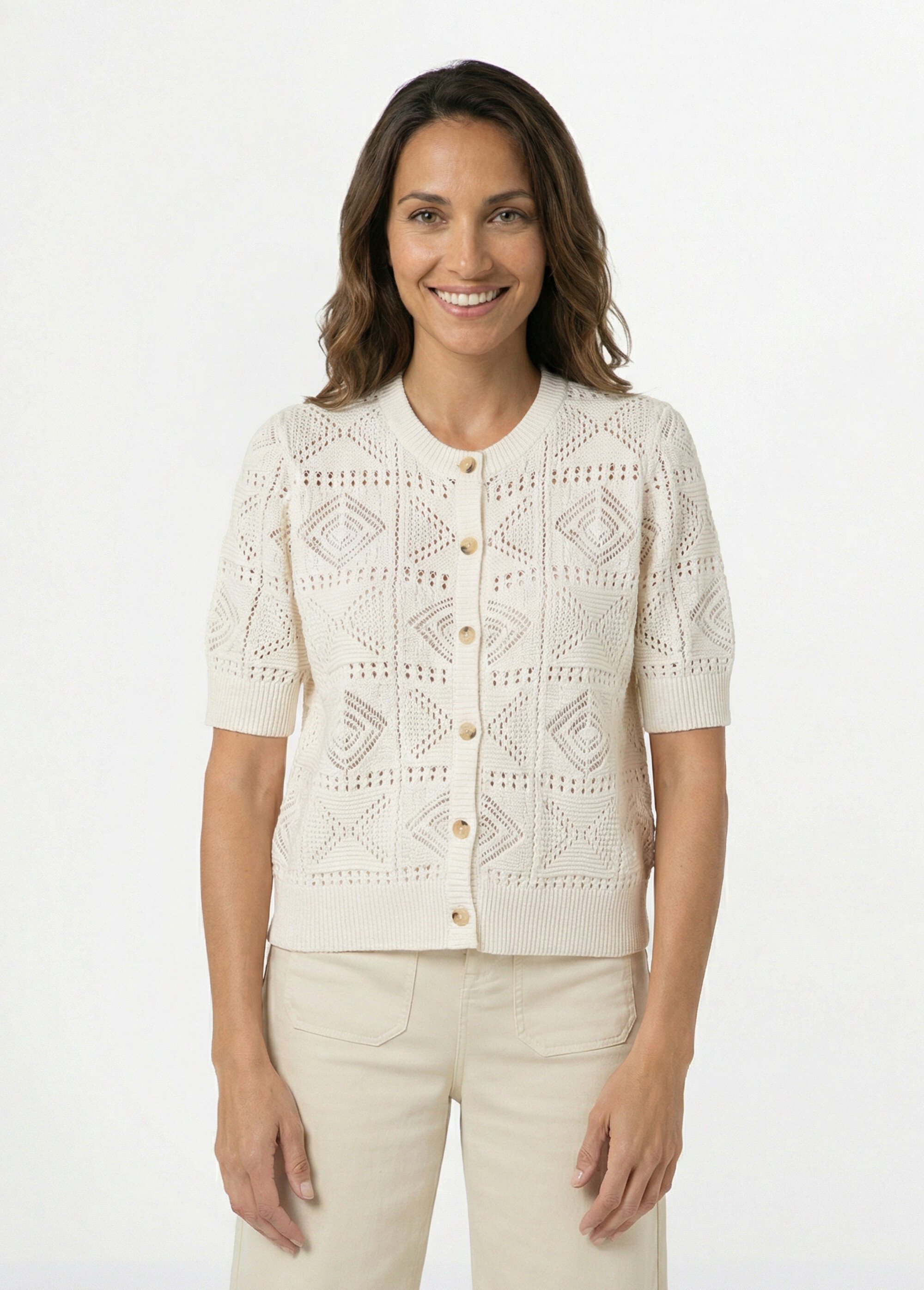 Gilet boutonné ajouré col rond manches courtes Femme Beige MORITZ FA1