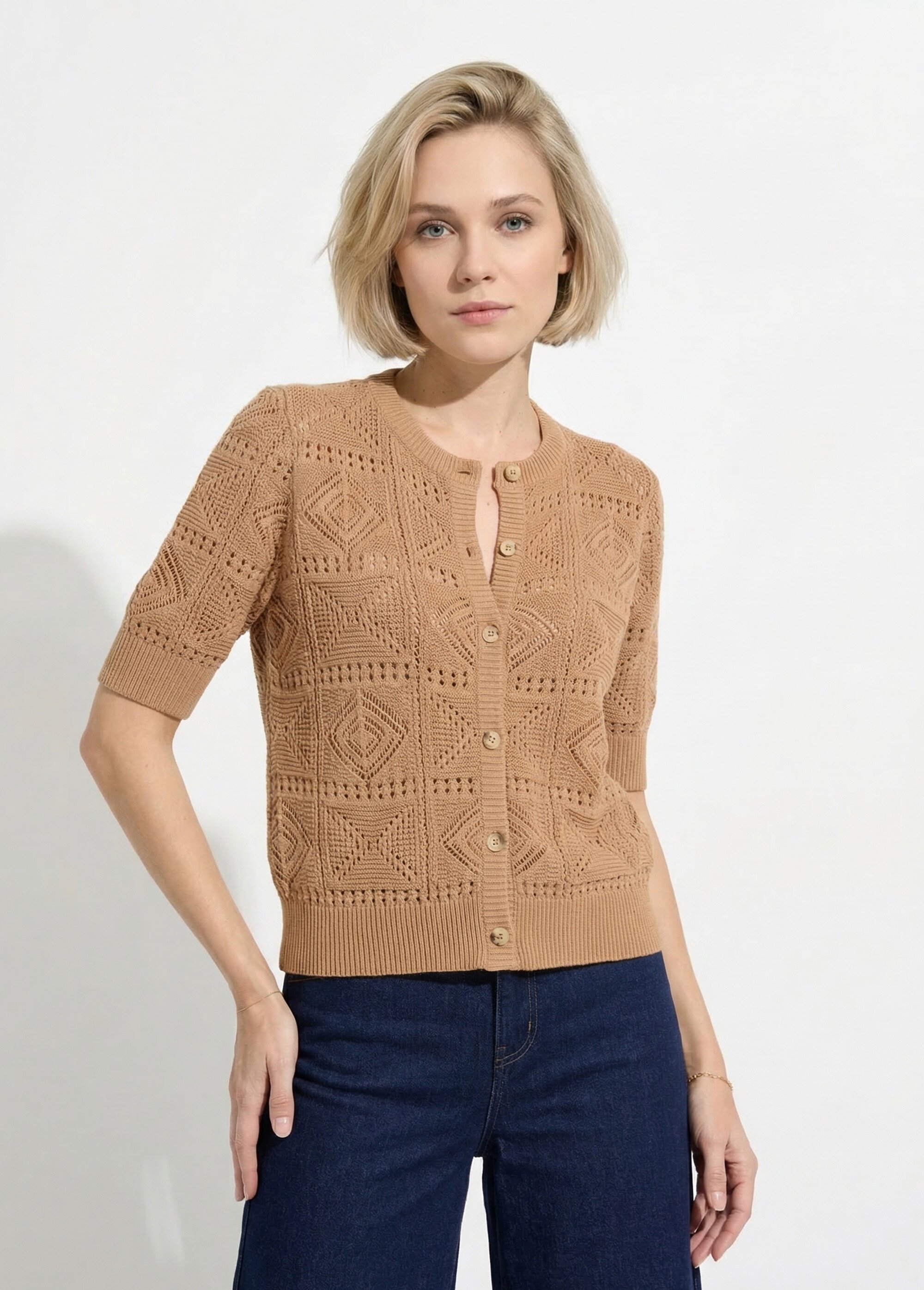 Gilet boutonné ajouré col rond manches courtes Femme Marron MORITZ FA1