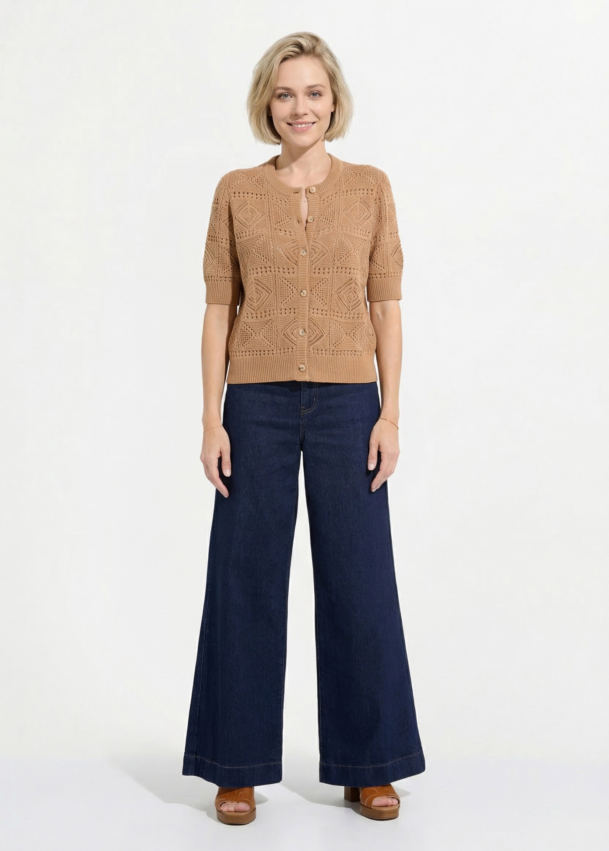 Gilet boutonné ajouré col rond manches courtes Femme Marron MORITZ SF1