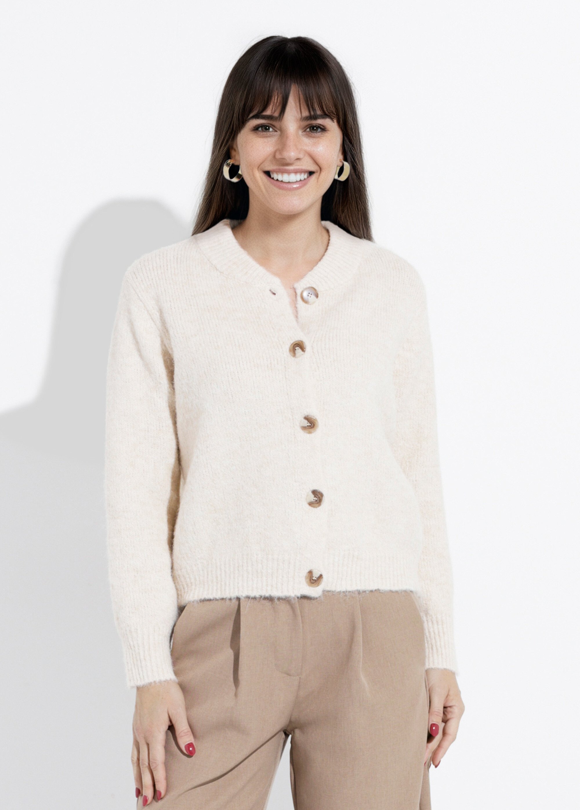 Gilet en maille col rond fantaisie Femme Beige IA-AR591 FA1