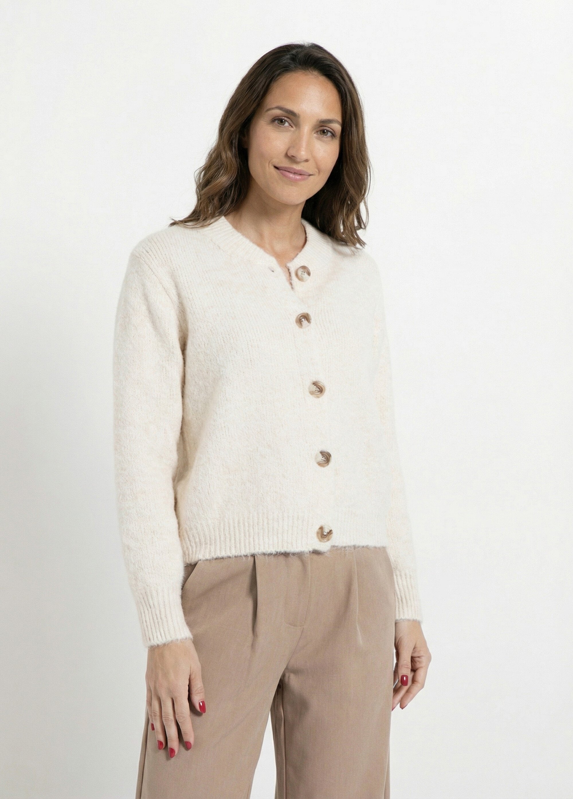 Gilet en maille col rond fantaisie Femme Beige IA-AR591 FA1