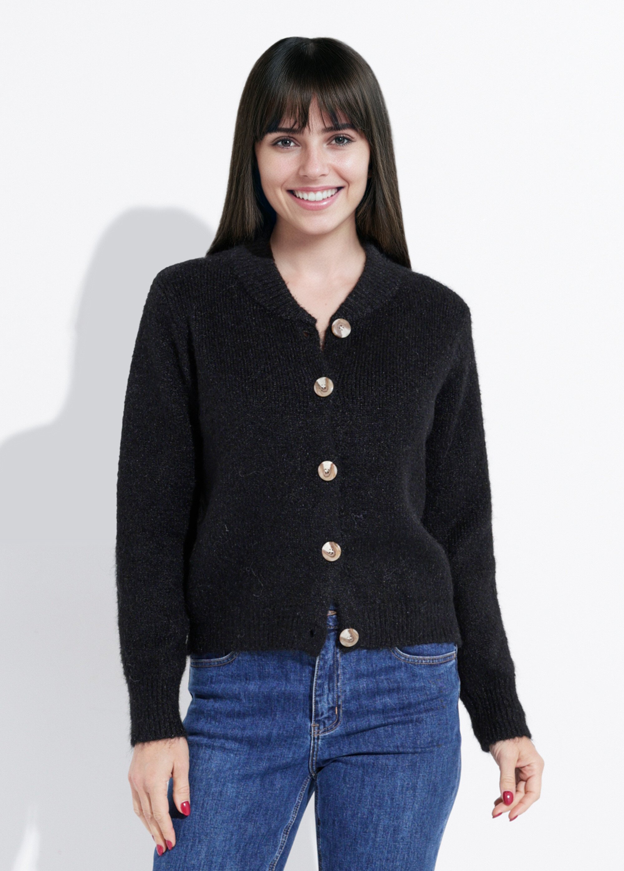 Gilet en maille col rond fantaisie Femme Noir IA-AR591 FA1