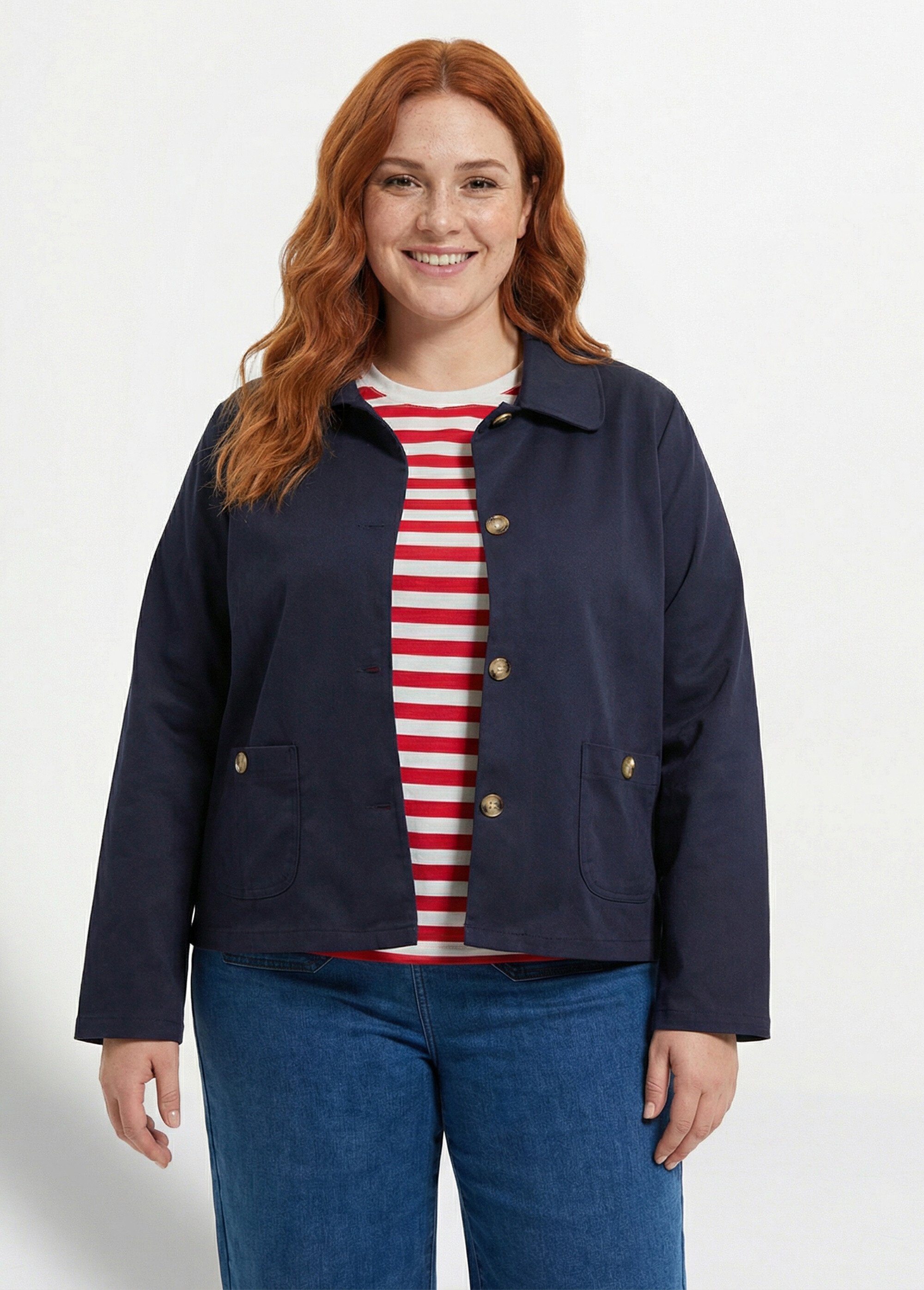 Veste courte en coton, col claudine Femme Grande Taille Bleu IAC-AP-R6105 FA1