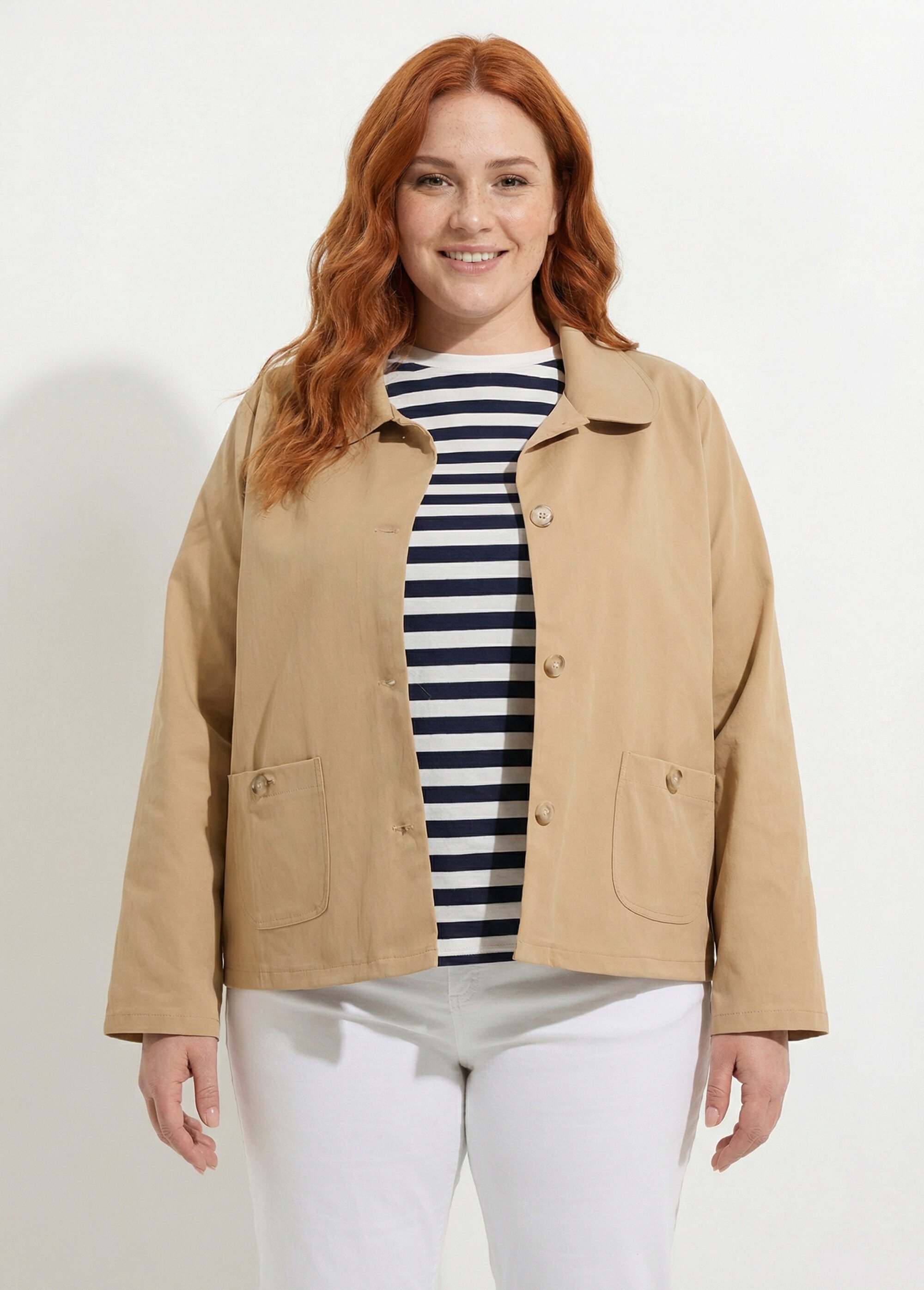 Veste courte en coton, col claudine Femme Grande Taille Beige IAC-AP-R6105 FA1