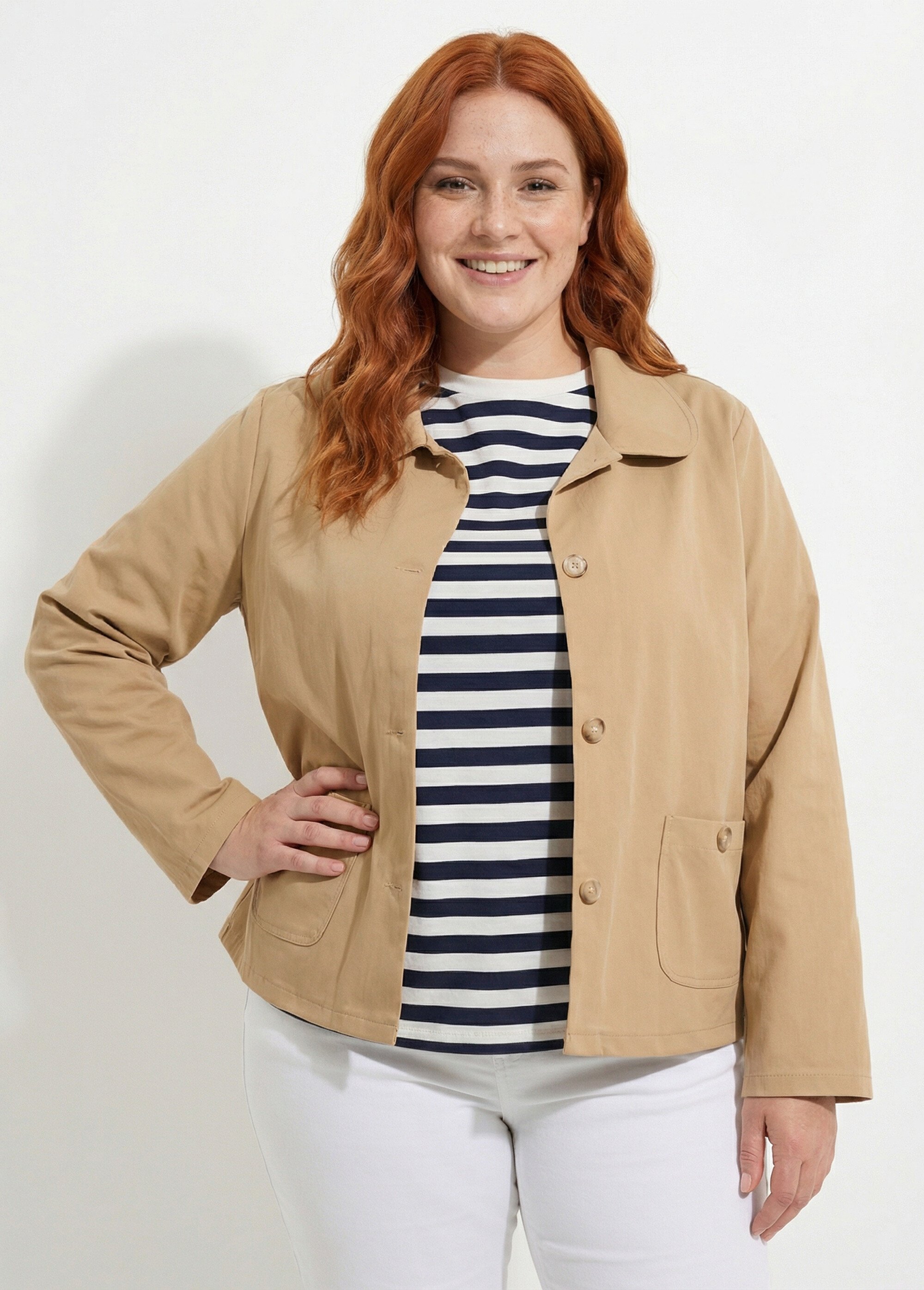 Veste courte en coton, col claudine Femme Grande Taille Beige IAC-AP-R6105 MV1