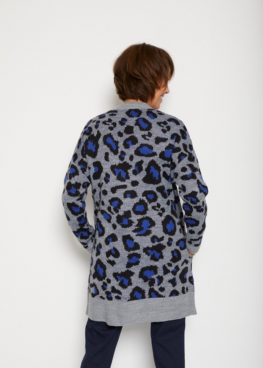Long gilet maille jacquard léopard