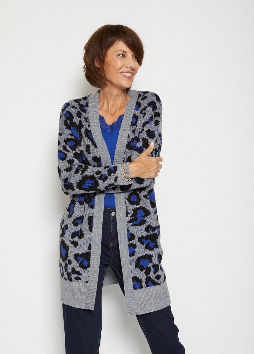 Long gilet maille jacquard léopard