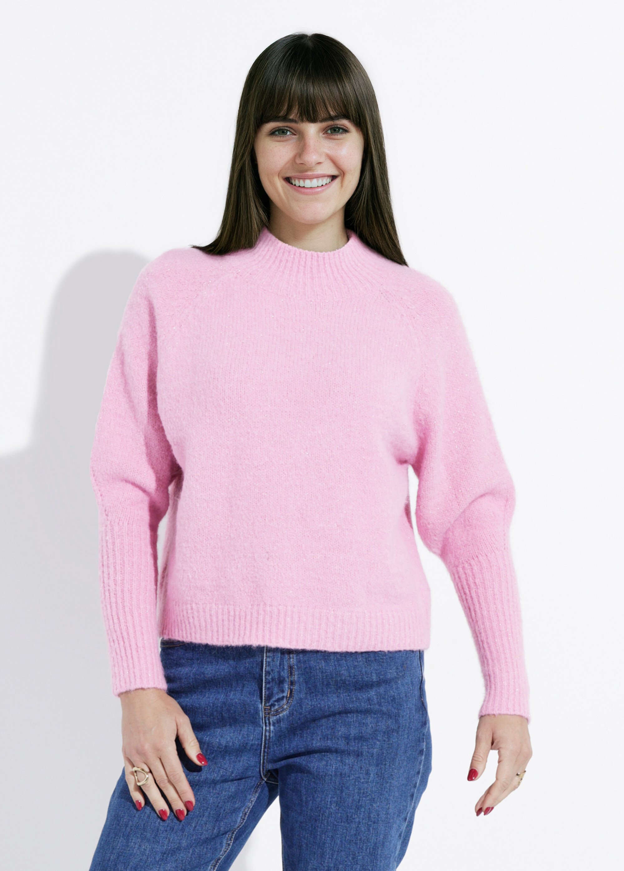 Pull col montant en maille brillante Femme Rose IA-AR05 FA1
