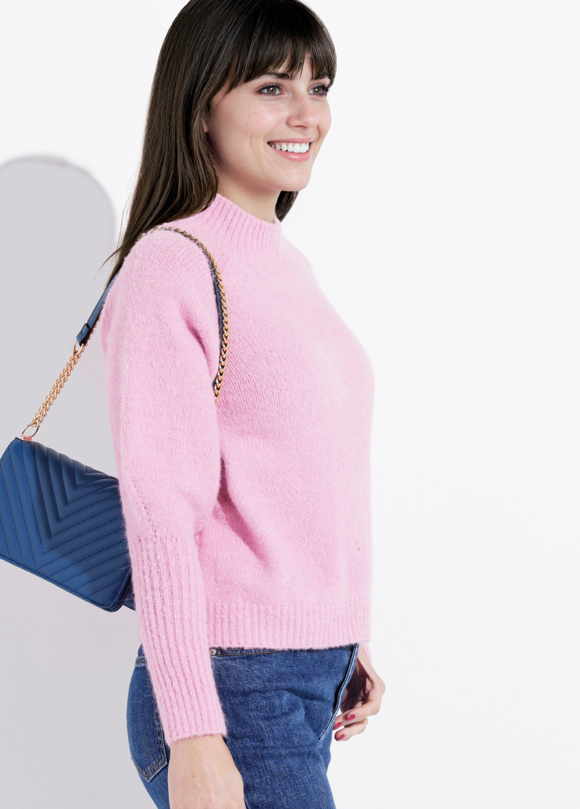 Pull col montant en maille brillante Femme Rose IA-AR05 MV1