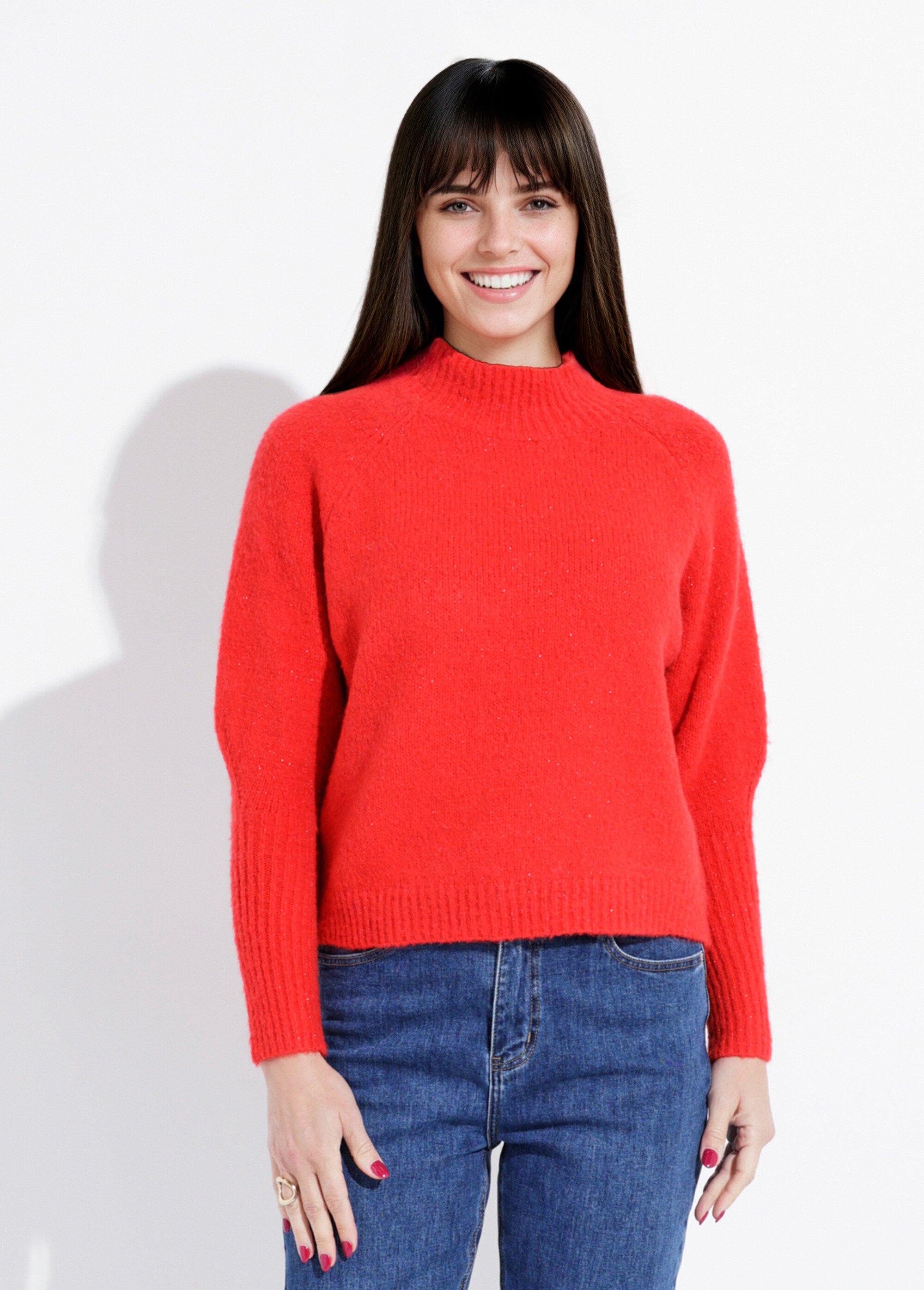 Pull col montant en maille brillante Femme Rouge IA-AR05 FA1