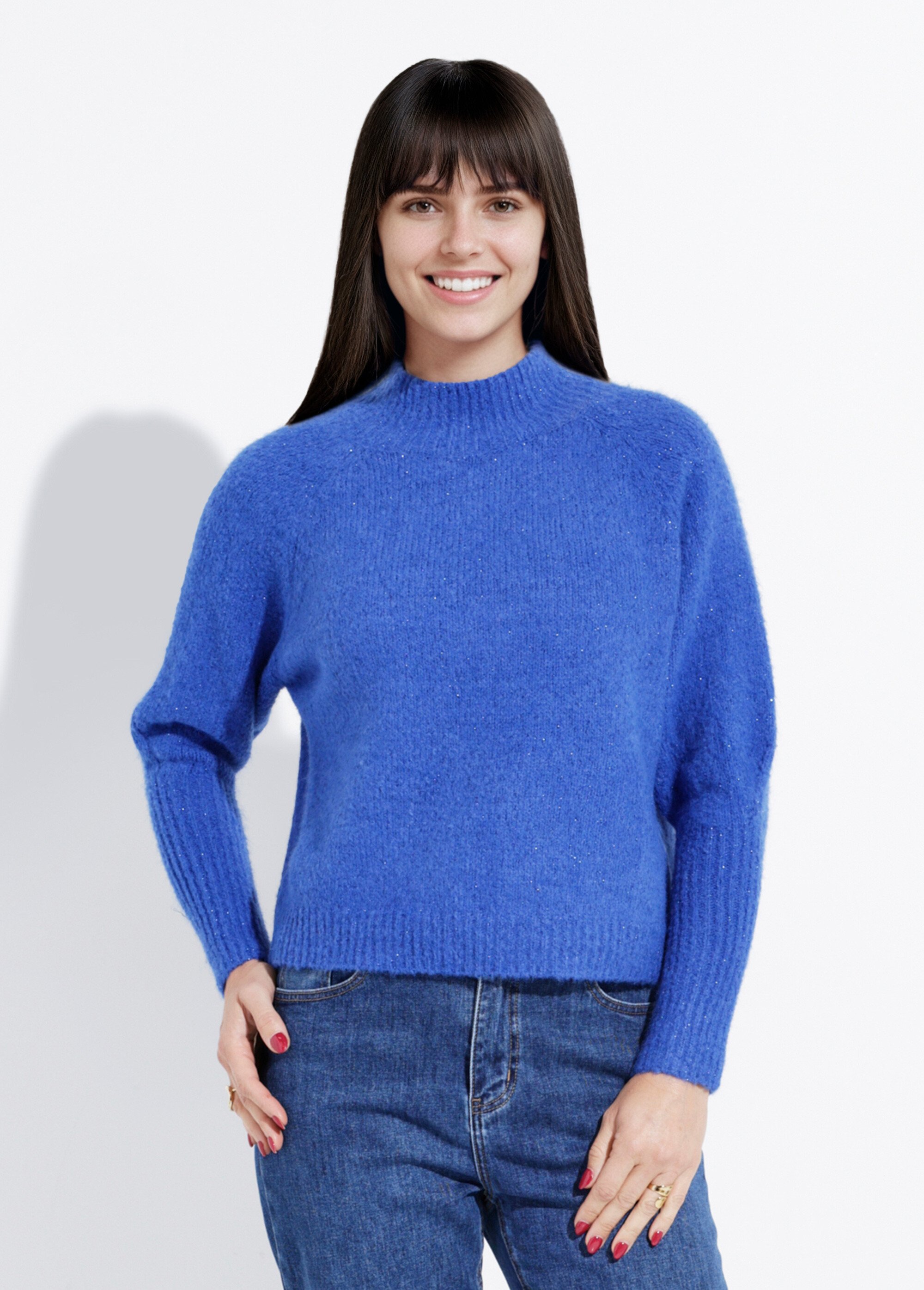 Pull col montant en maille brillante Femme Bleu IA-AR05 FA1