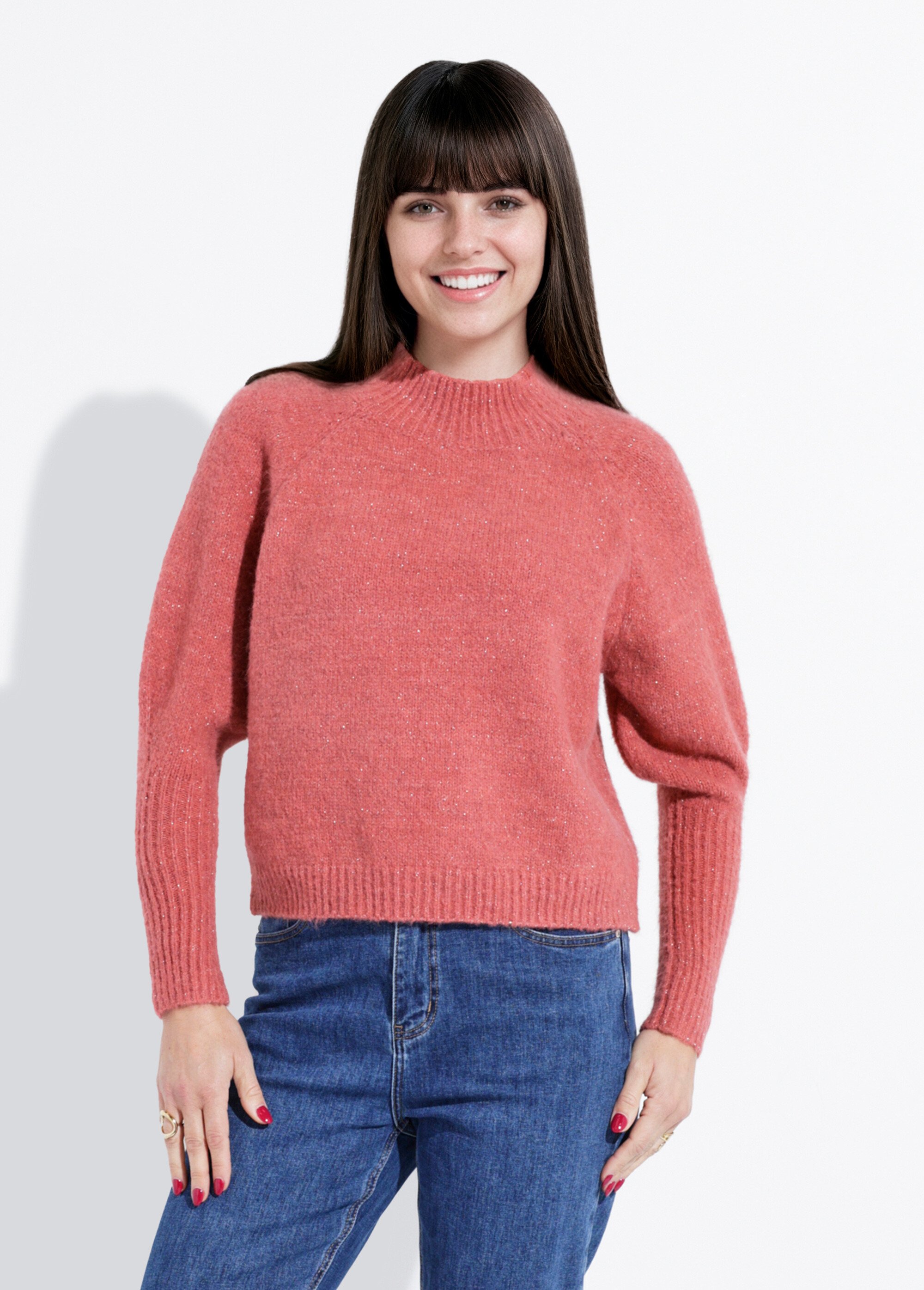 Pull col montant en maille brillante Femme Orange IA-AR05 FA1