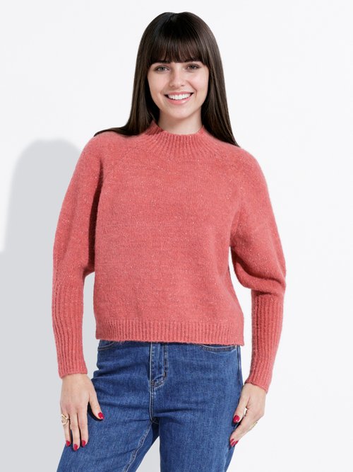 Pull col montant en maille brillante Femme Orange IA-AR05 FA1