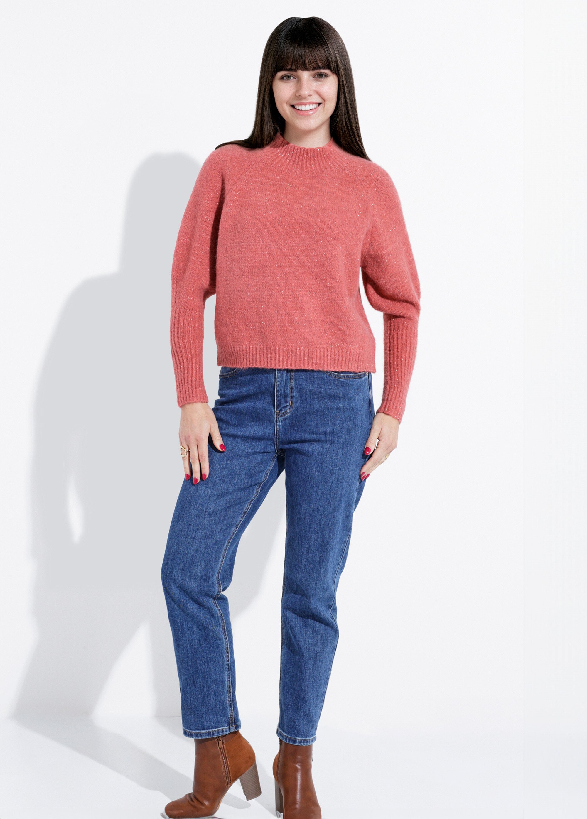 Pull col montant en maille brillante Femme Orange IA-AR05 SF1