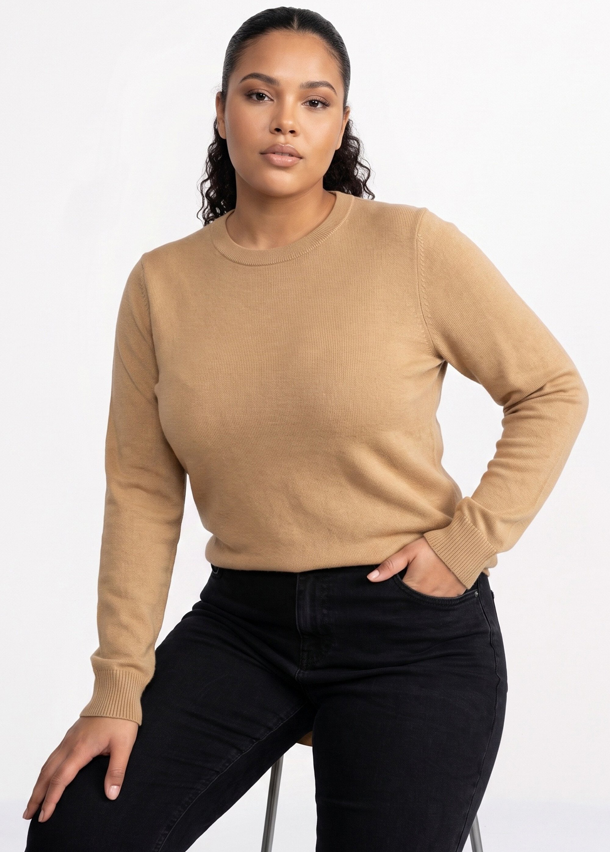 Pull doux col rond manches longues Femme Grande Taille Marron PALPITE MV1