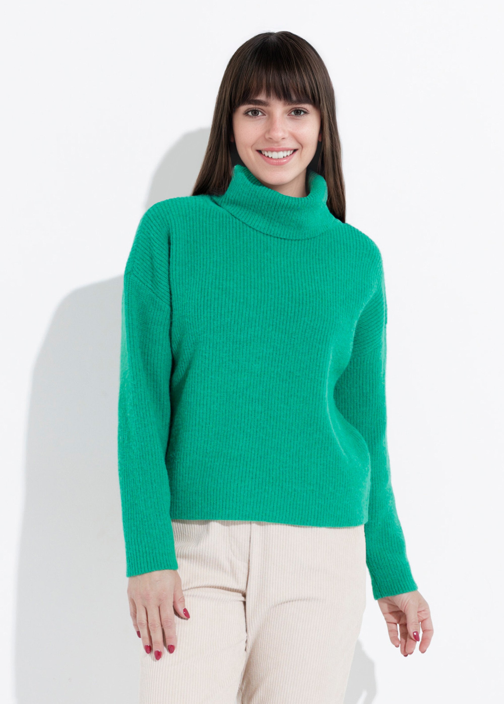 Pull en maille avec col roulé souple Femme Vert IA-W022 FA1