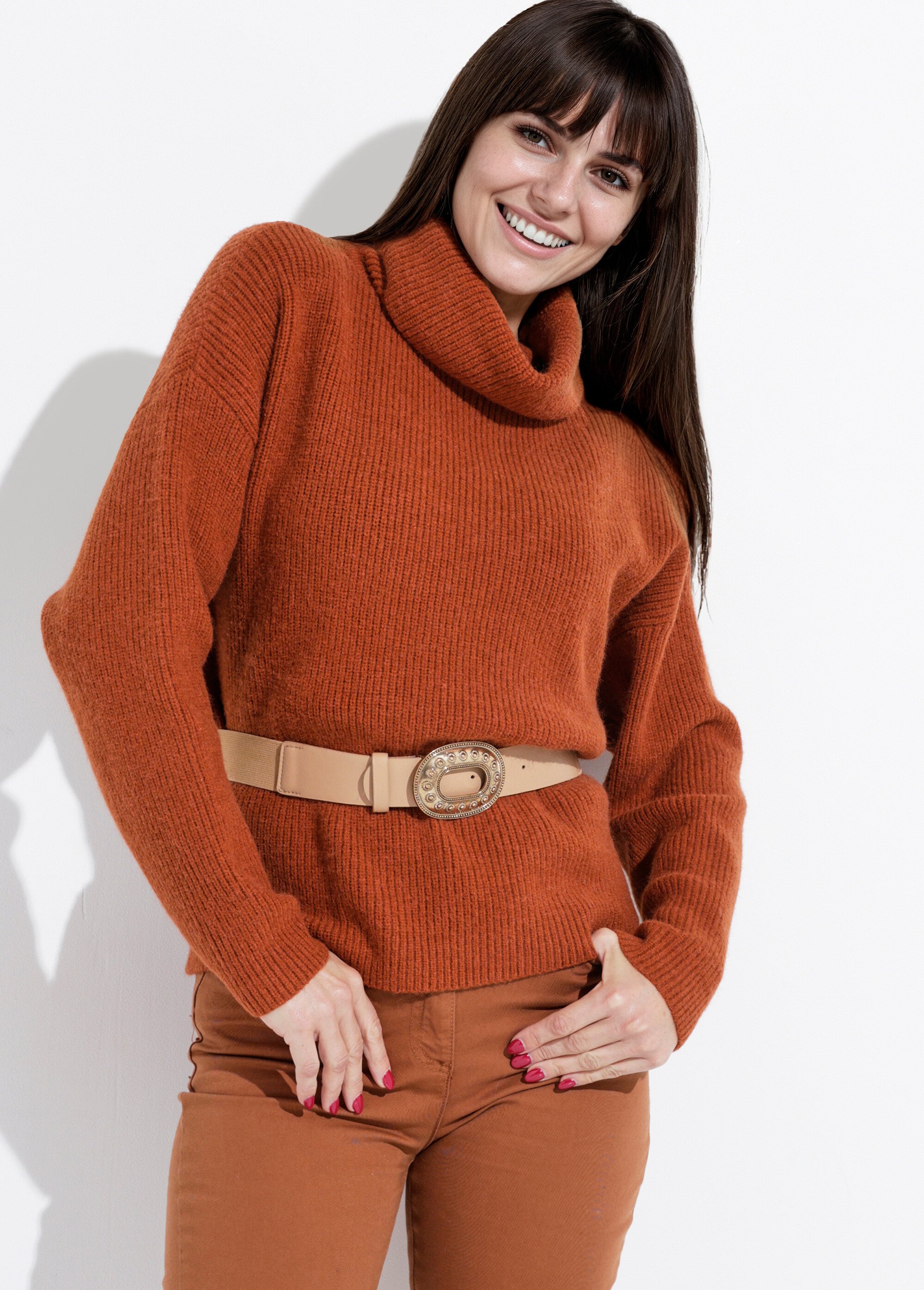 Pull en maille avec col roulé souple Femme Beige IA-W022 MV1