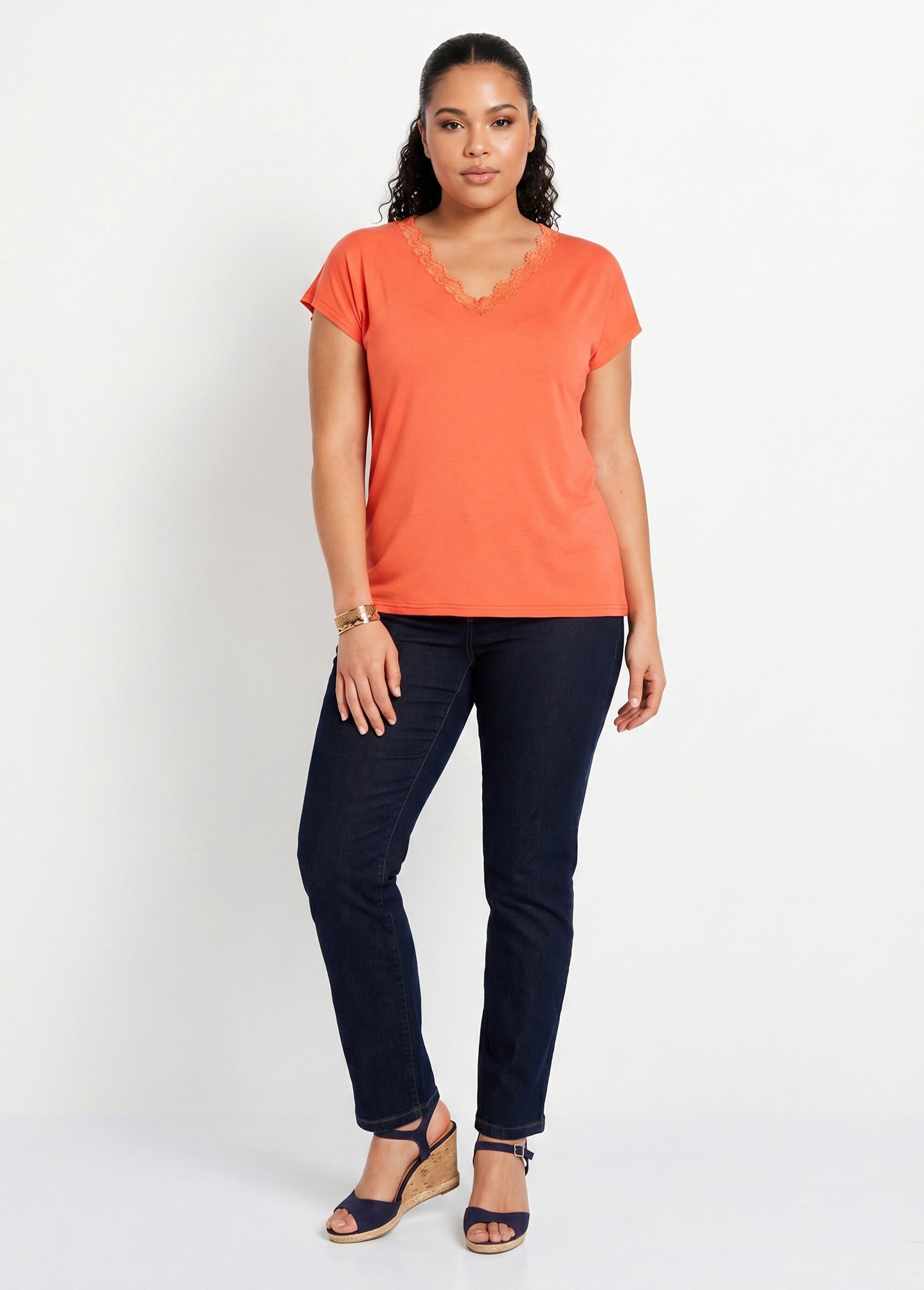 T-shirt court extensible dentelle Femme Grande Taille Orange CARACAS SI1