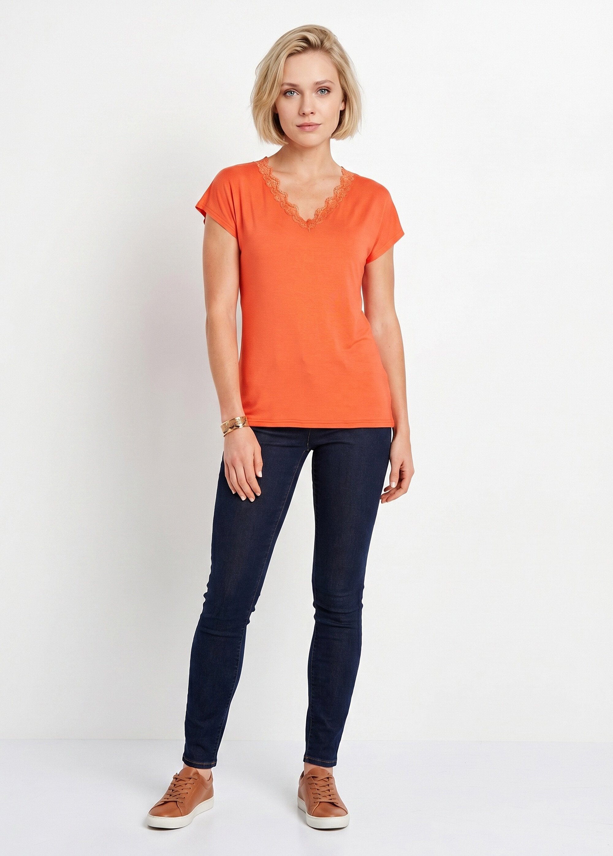 T-shirt court extensible dentelle Femme Orange CARACAS SI1