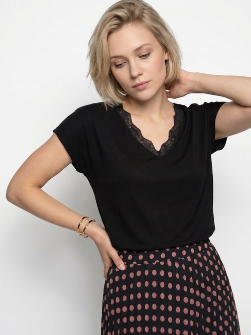T-shirt court extensible dentelle Femme Noir CARACAS MV1