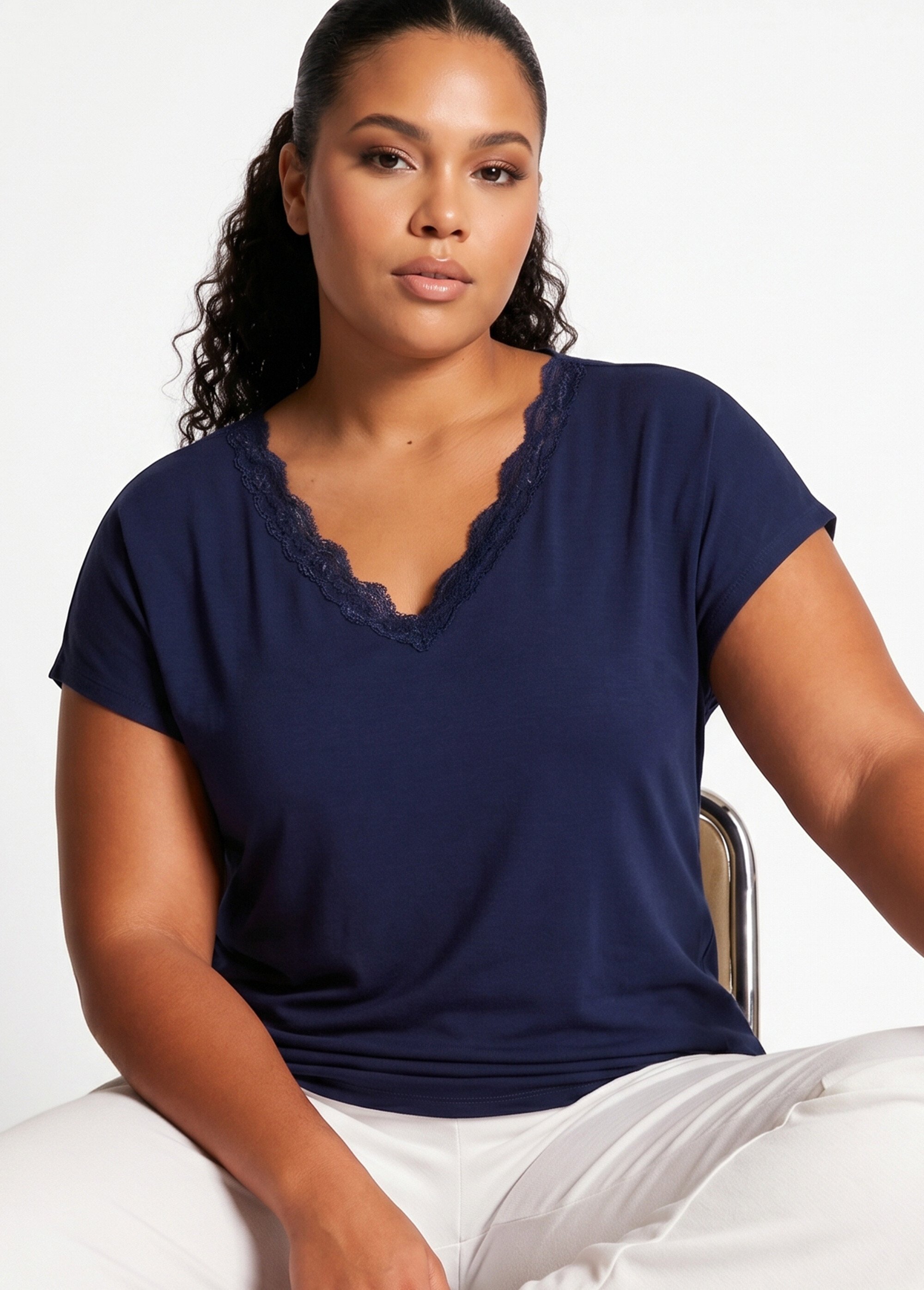 T-shirt court extensible dentelle Femme Grande Taille Bleu CARACAS MV1