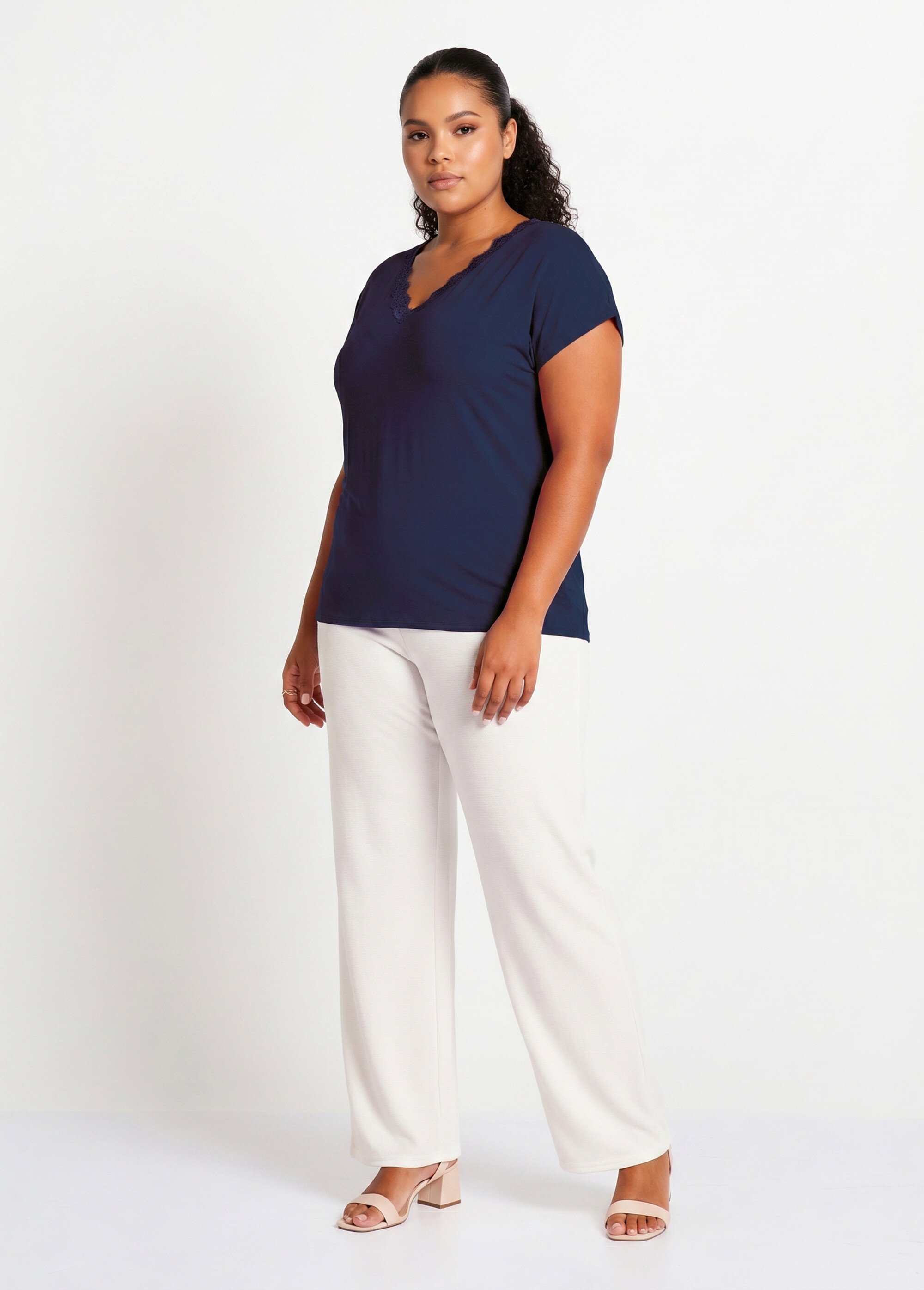 T-shirt court extensible dentelle Femme Grande Taille Bleu CARACAS SI1