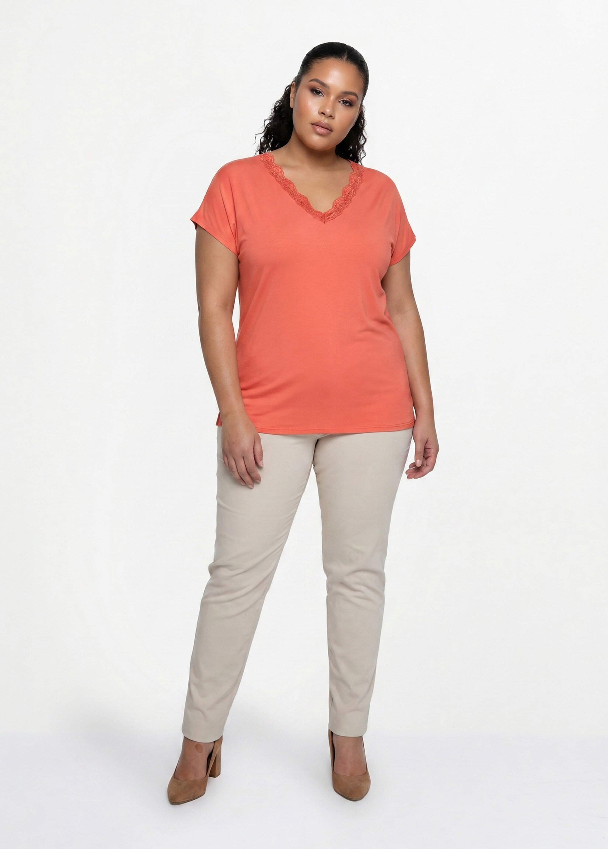 T-shirt court extensible dentelle Femme Grande Taille Rose CARACAS SI1