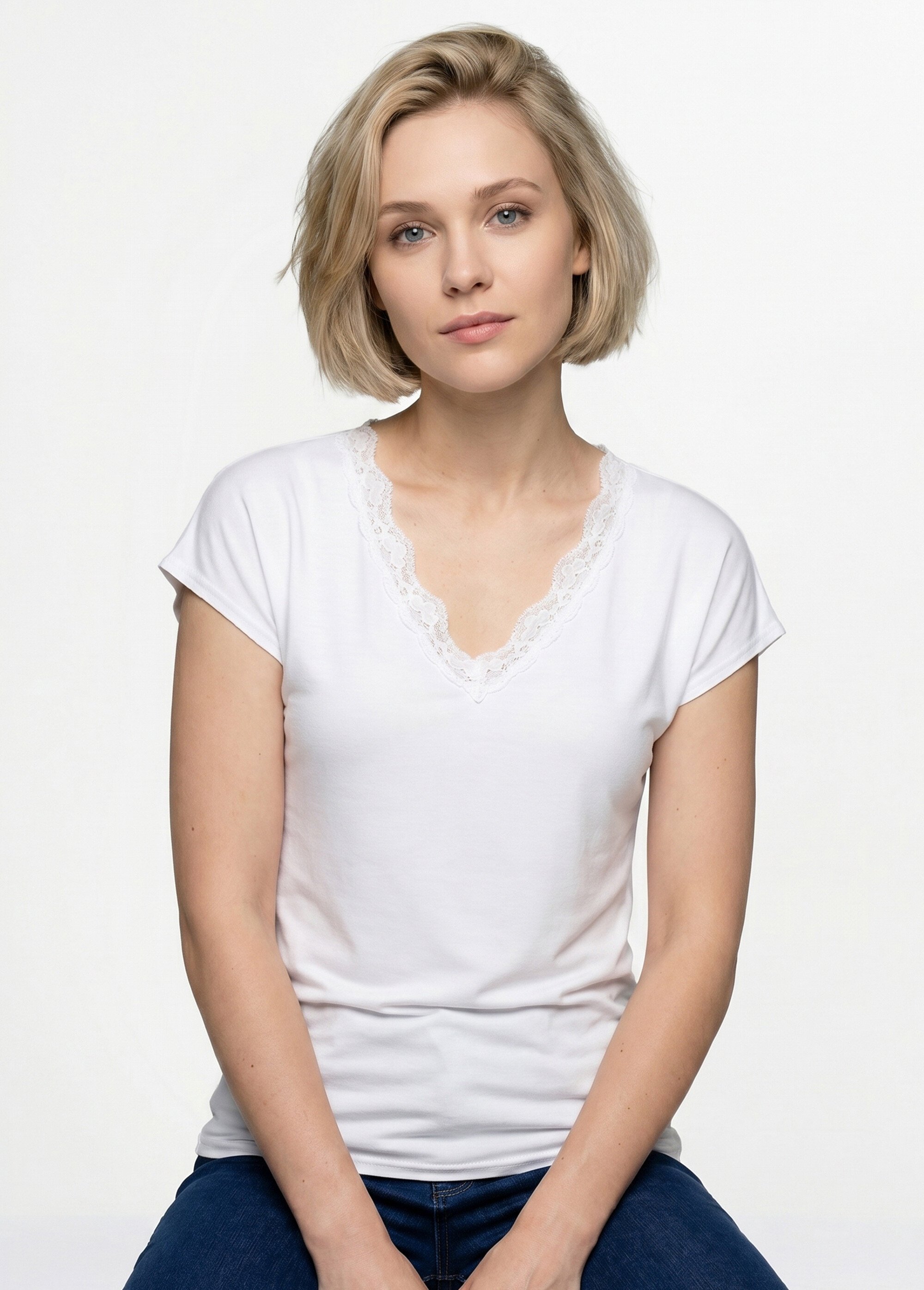 T-shirt court extensible dentelle Femme Blanc CARACAS MV1