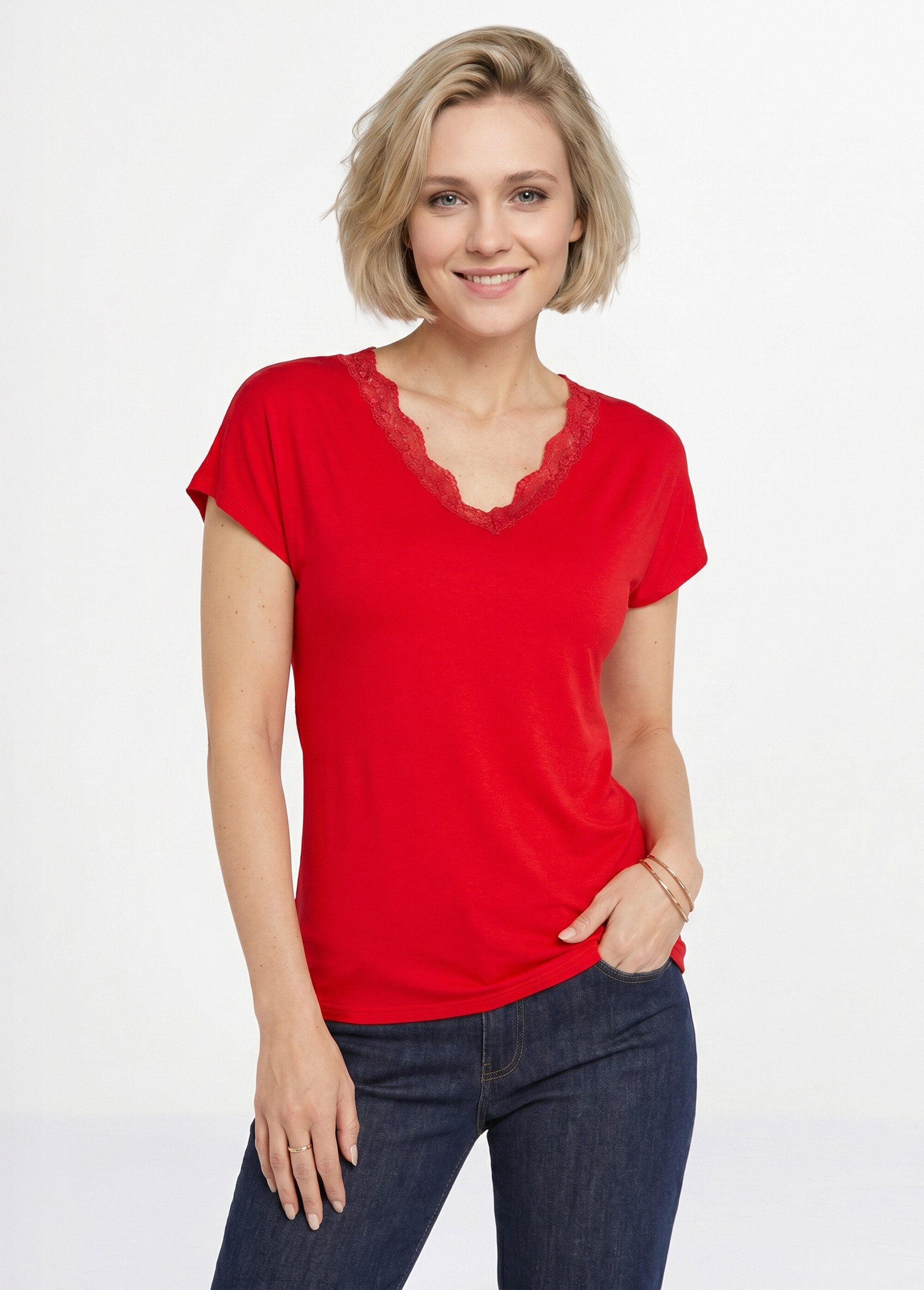 T-shirt court extensible dentelle Femme Rouge CARACAS FA1