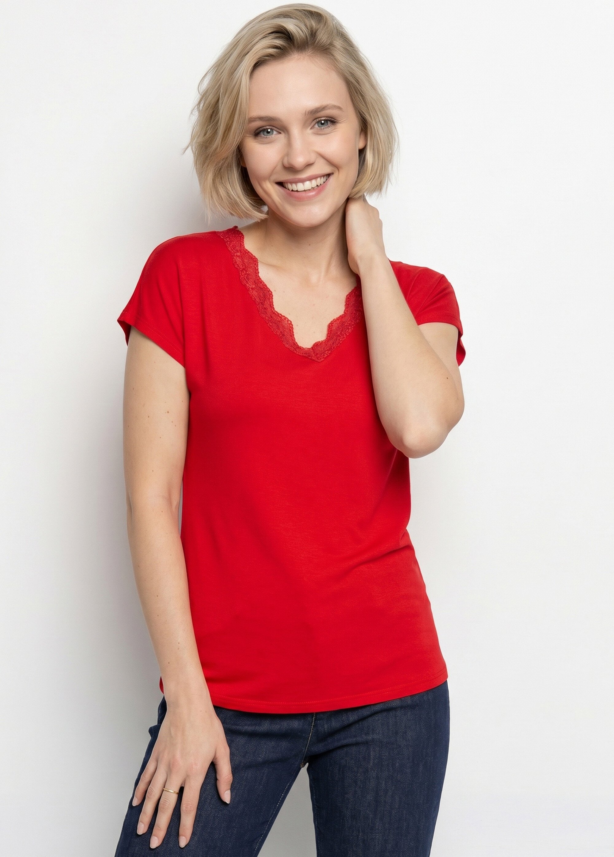T-shirt court extensible dentelle Femme Rouge CARACAS MV1