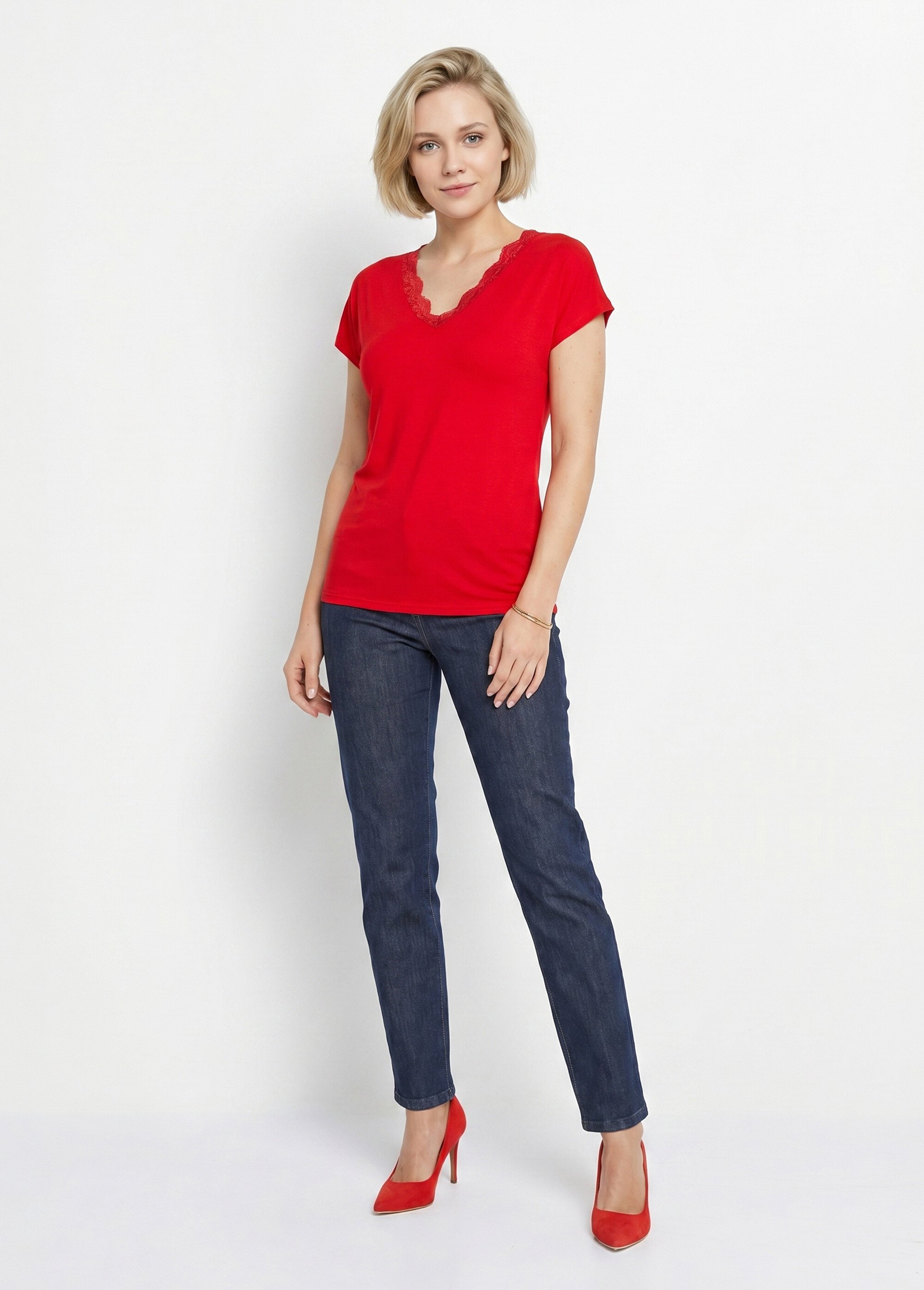 T-shirt court extensible dentelle Femme Rouge CARACAS SI1