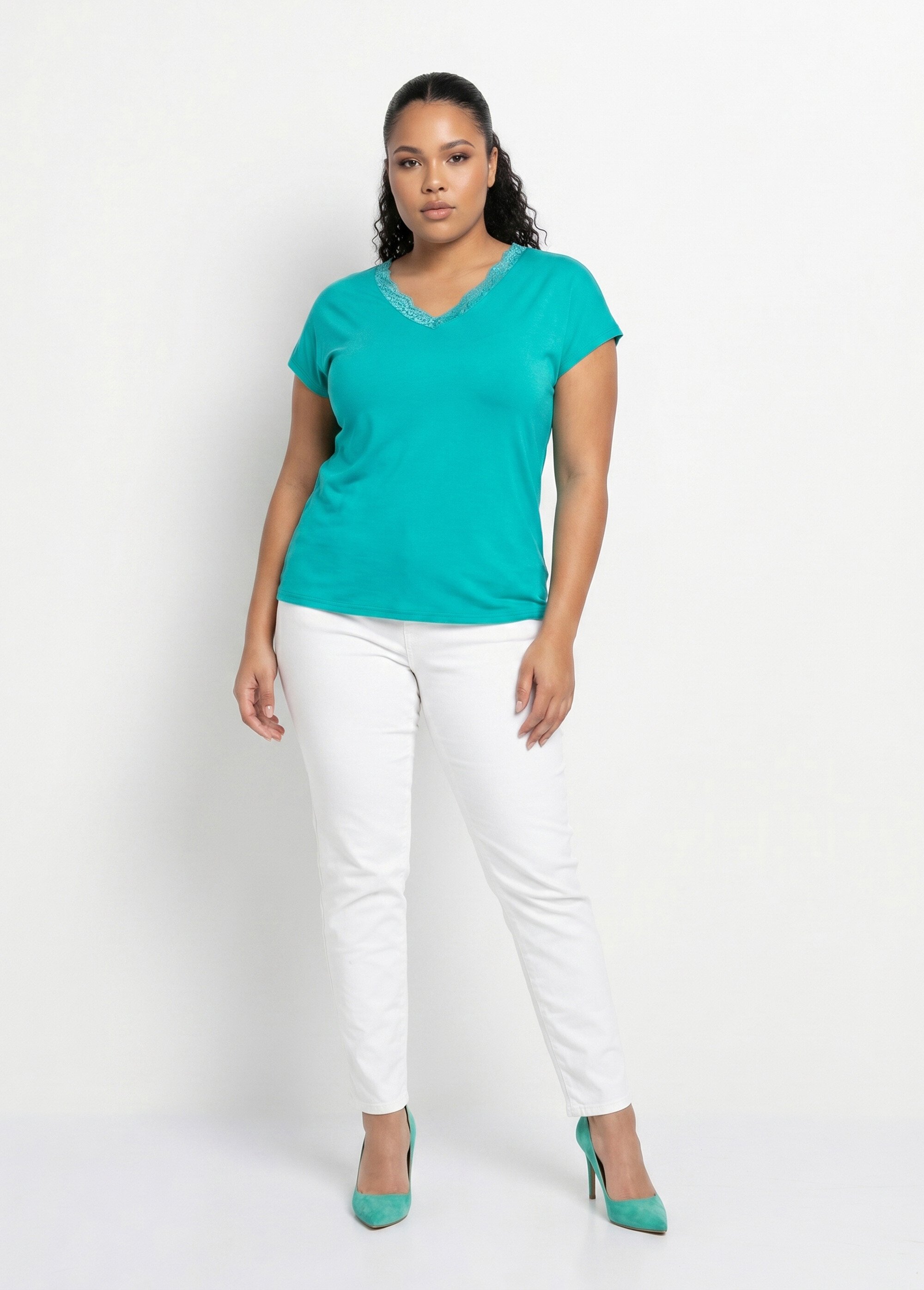 T-shirt court extensible dentelle Femme Grande Taille Vert CARACAS SI1