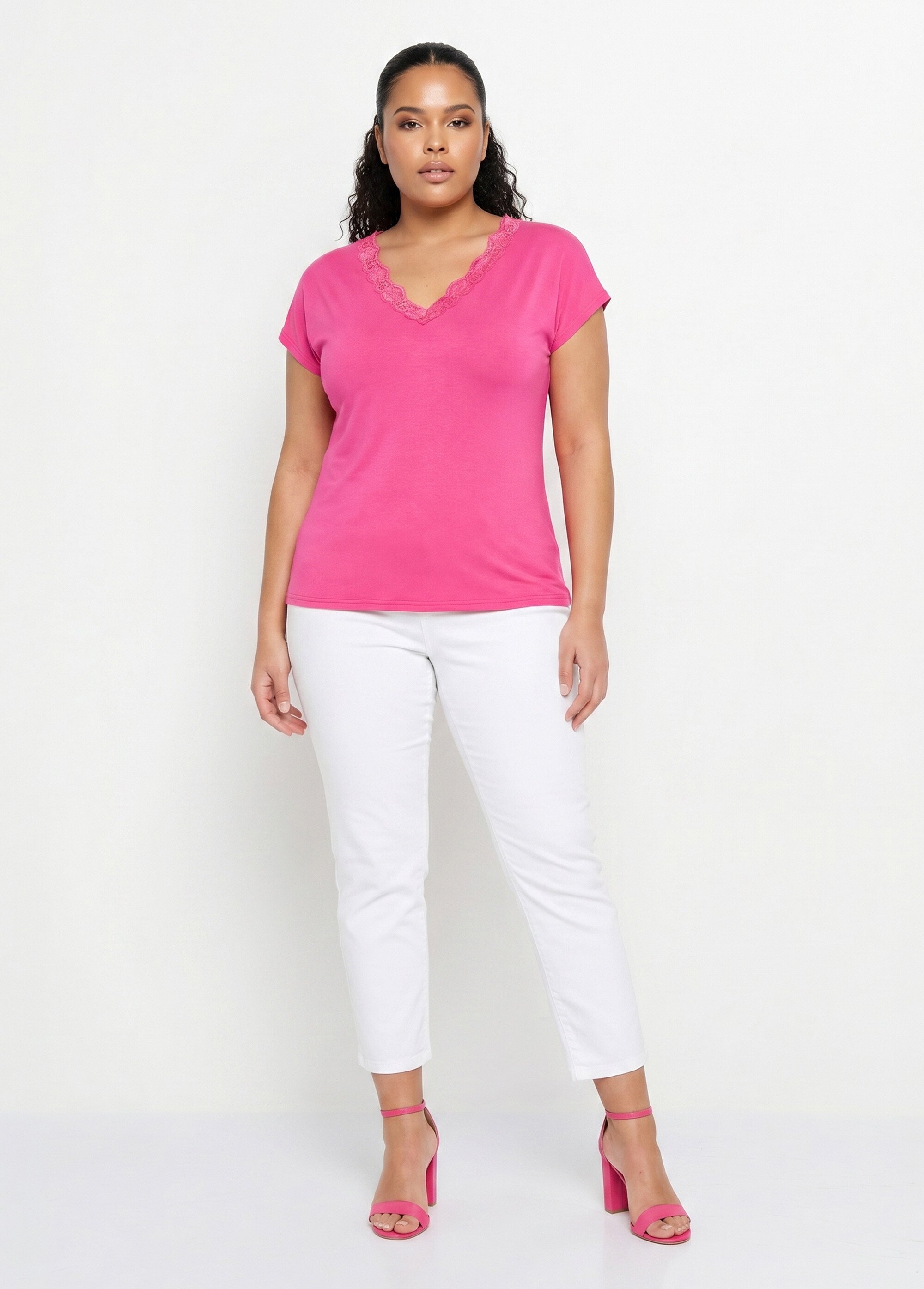 T-shirt court extensible dentelle Femme Grande Taille Rose CARACAS SI1