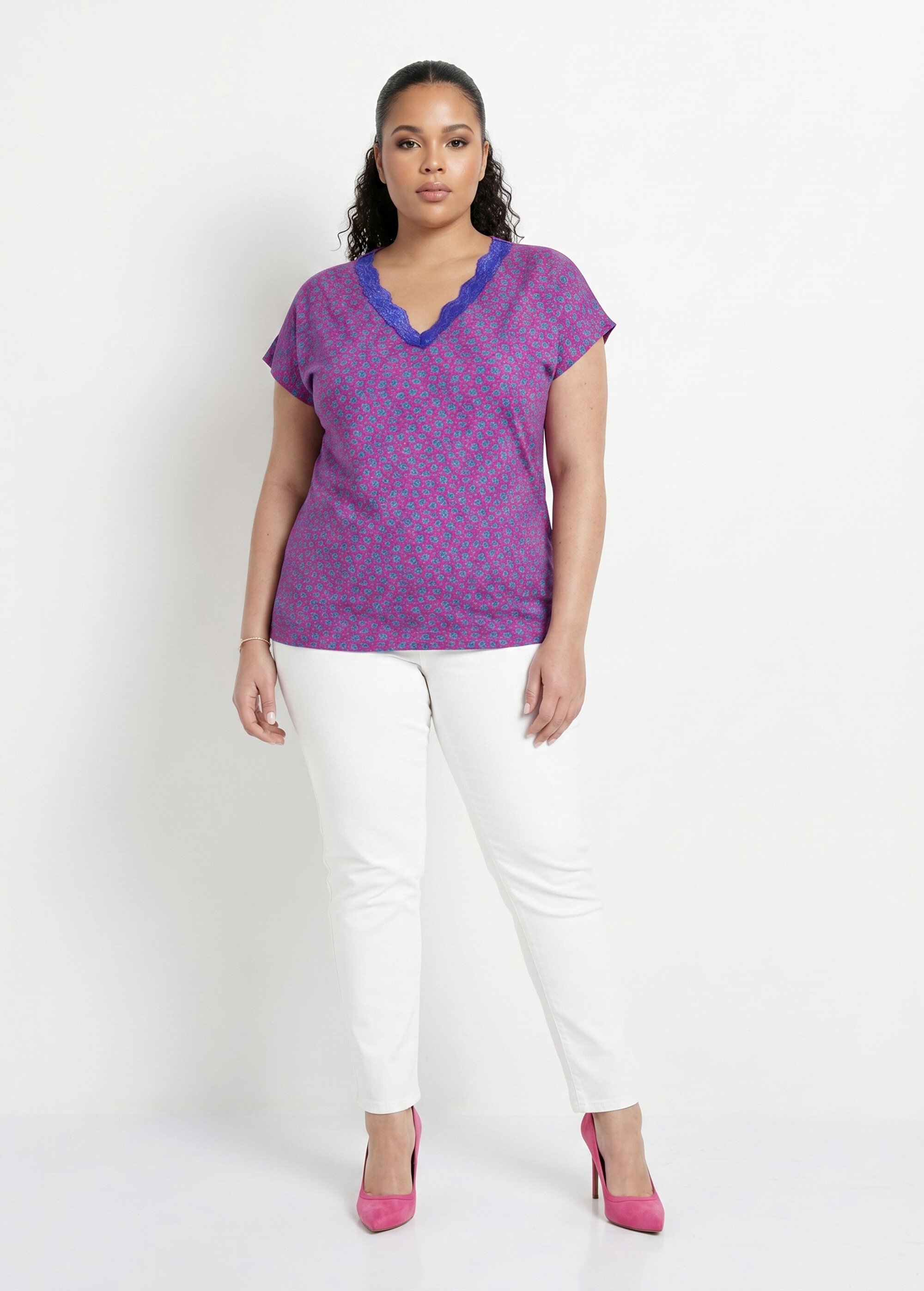 T-shirt court extensible dentelle Femme Grande Taille Rose CARACAS SI1