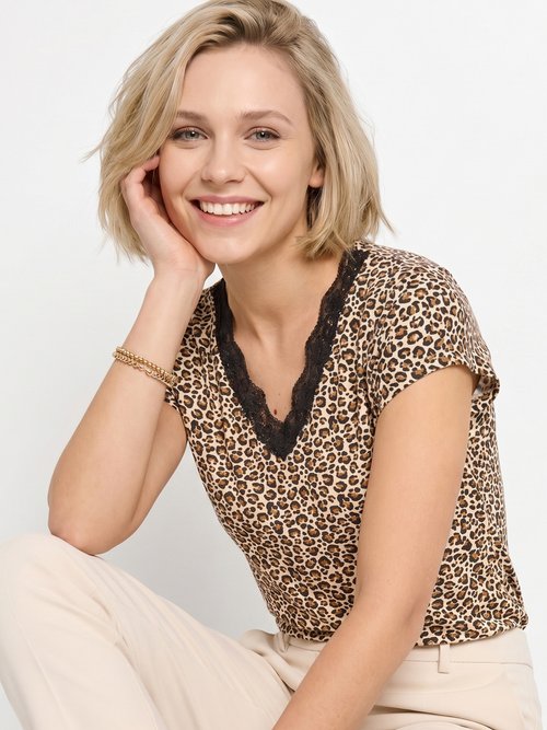 T-shirt court extensible dentelle Femme Marron CARACAS MV1