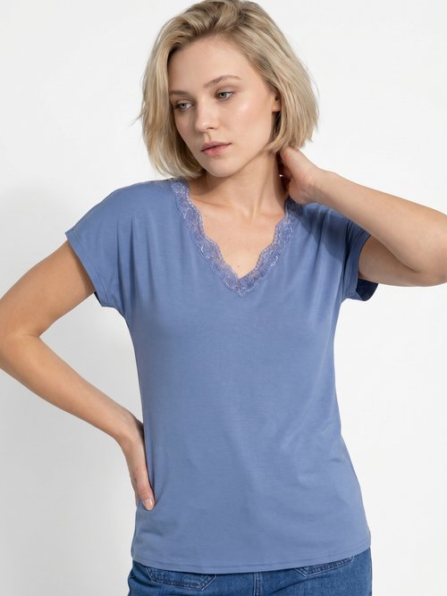 T-shirt court extensible dentelle Femme BLEU ORAGE CARACAS MV1
