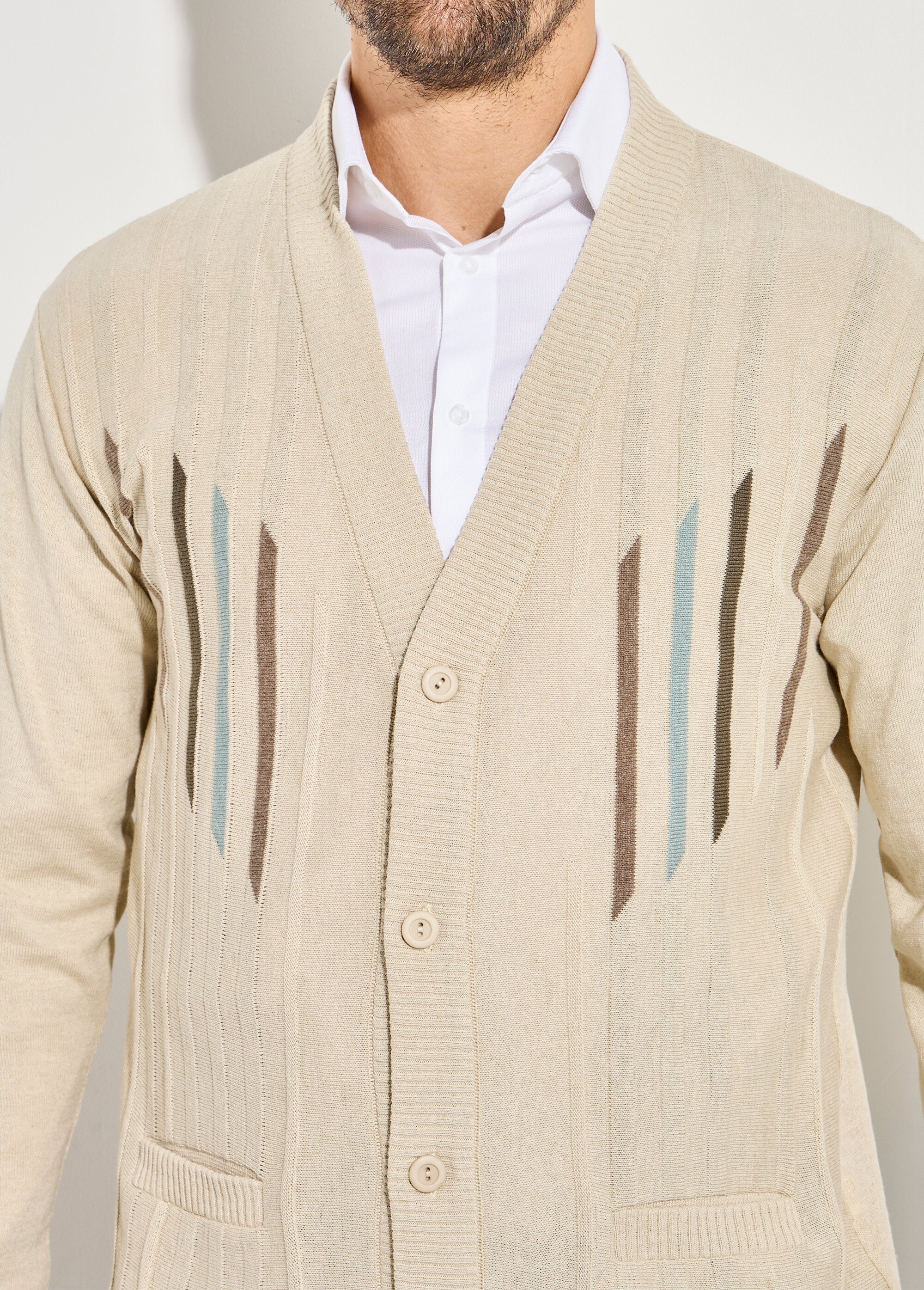 Gilet jacquard coton col V boutonné Homme Beige FORMULE DE1