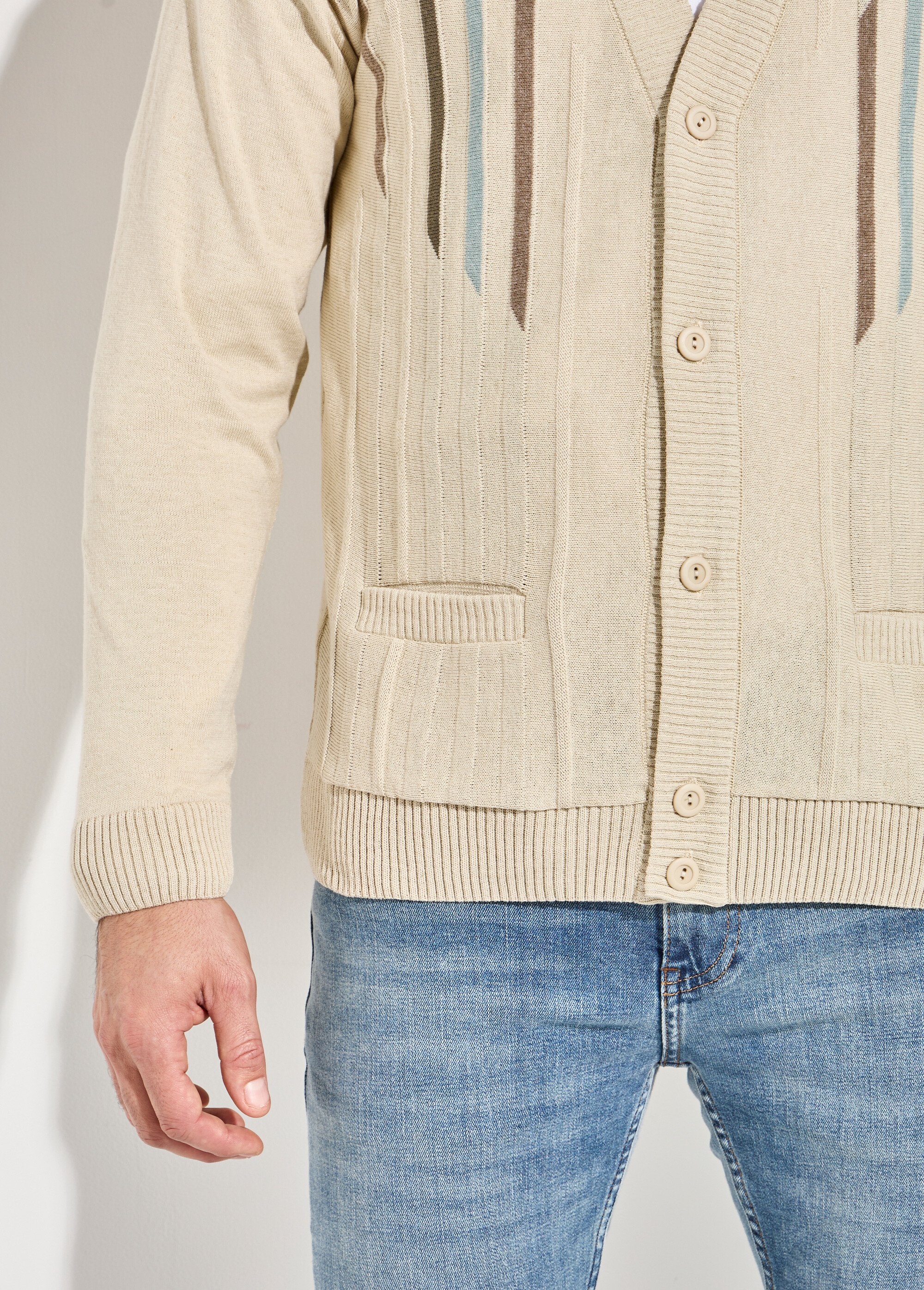 Gilet jacquard coton col V boutonné Homme Beige FORMULE DE2