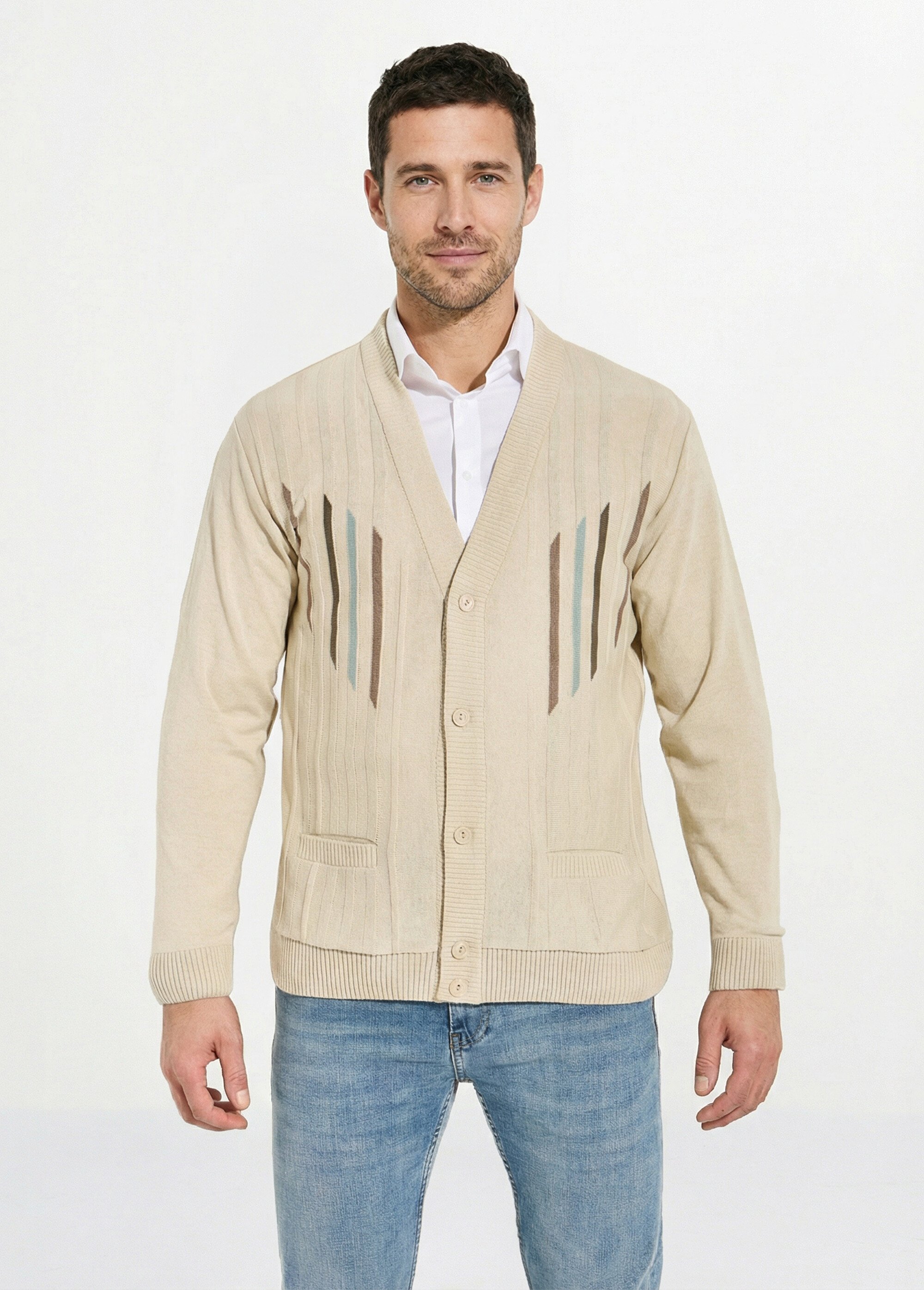 Gilet jacquard coton col V boutonné Homme Beige FORMULE FA1