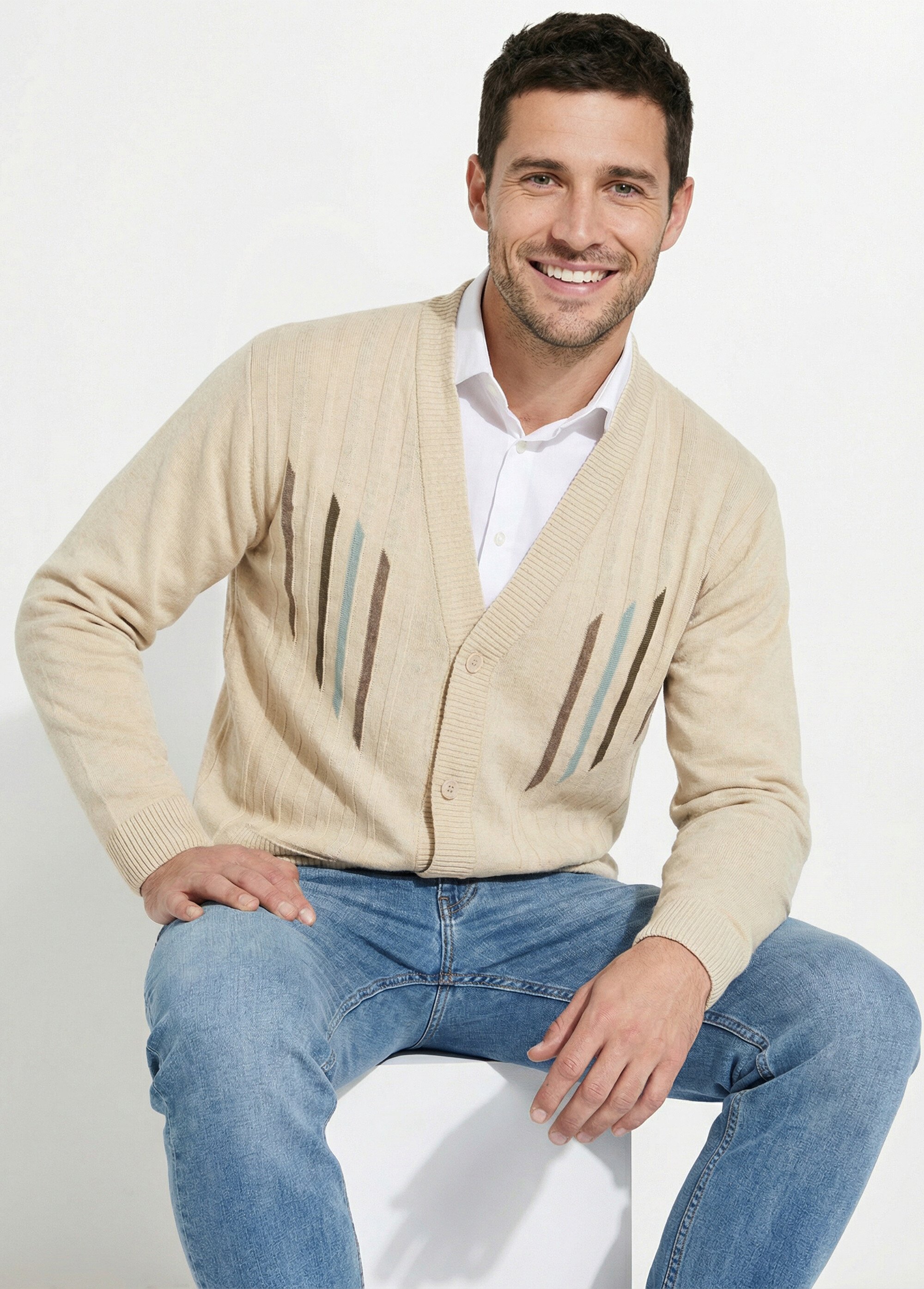 Gilet jacquard coton col V boutonné Homme Beige FORMULE MV1