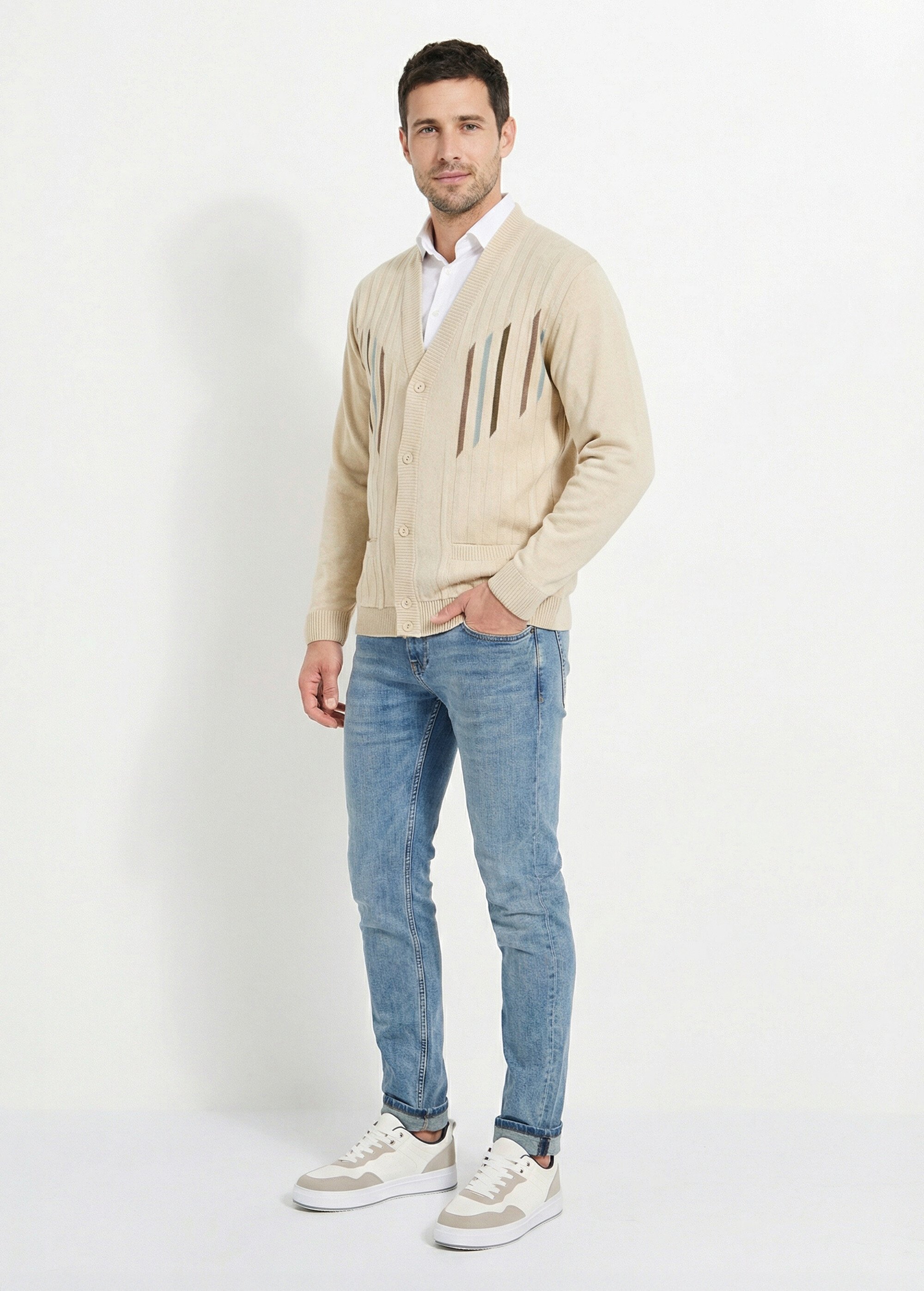 Gilet jacquard coton col V boutonné Homme Beige FORMULE SI1