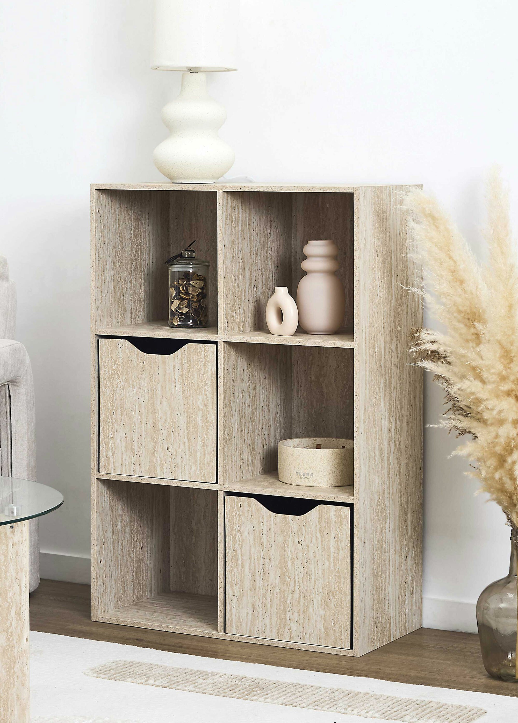 Meuble rangement 6 cases, effet pierre BLANC ET BEIGE CMP-HD7744 SI1