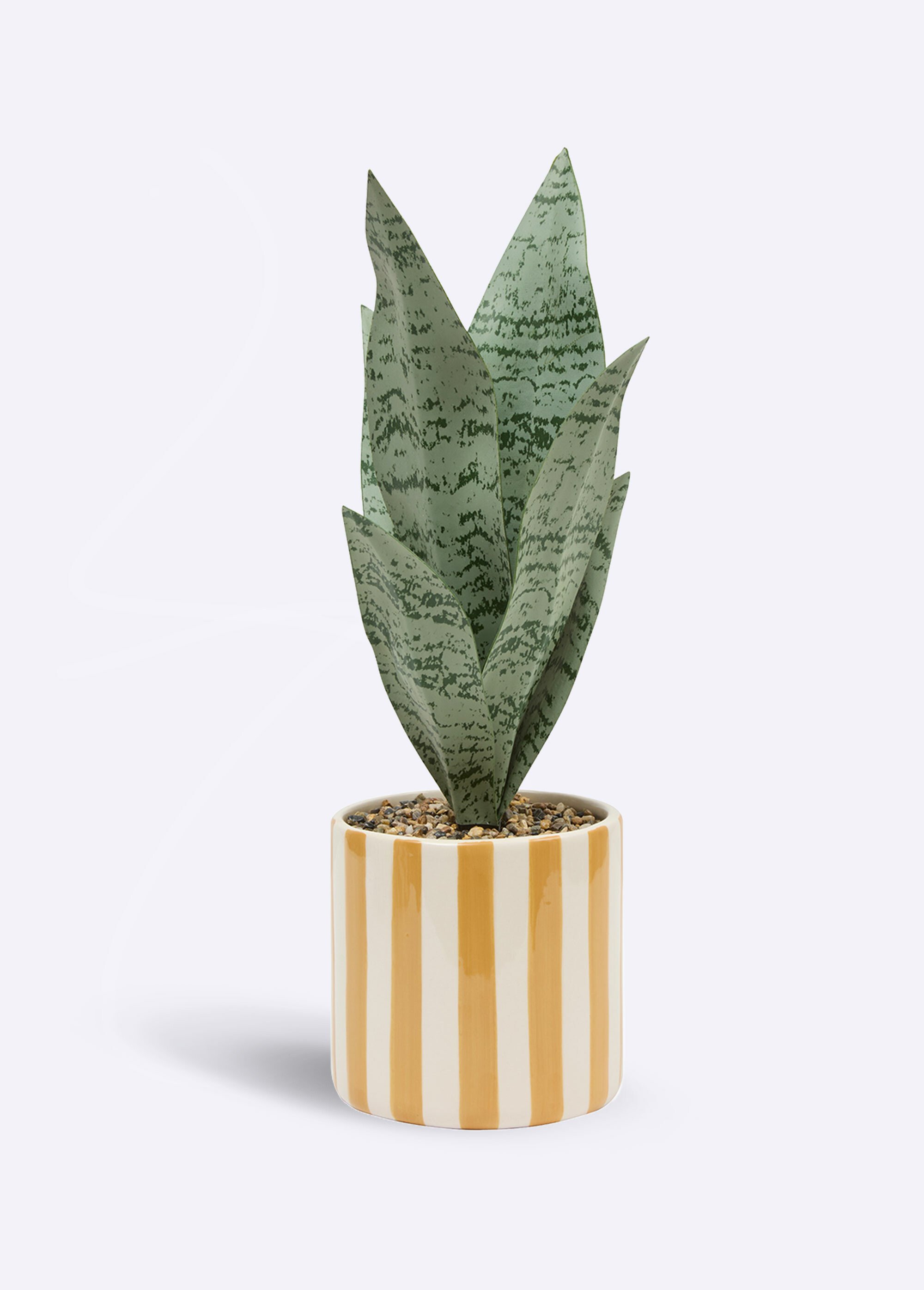 Plante artificielle, pot céramique rayée