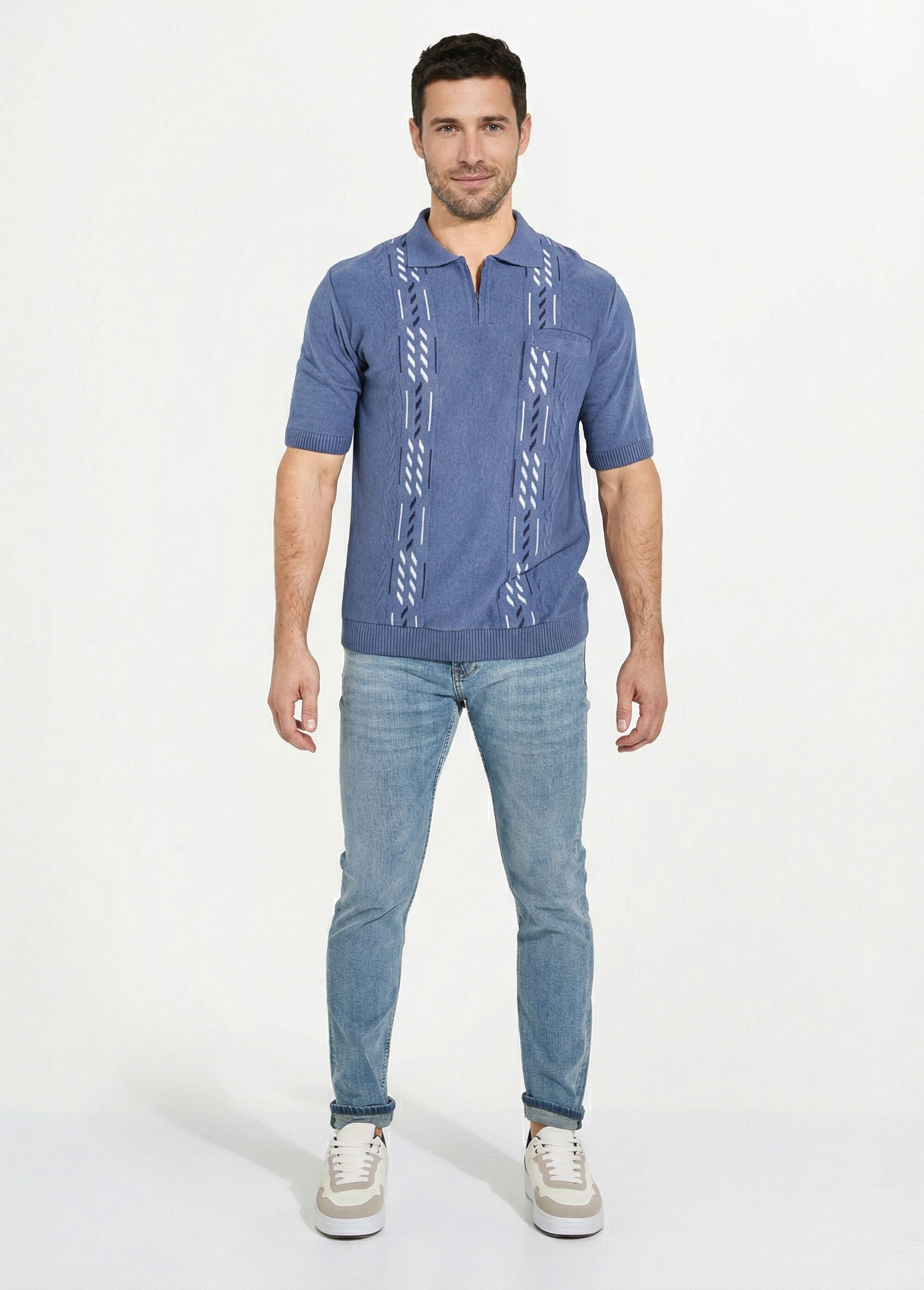 Pull col polo zippé manches courtes Bleu FUSIBLE SF1