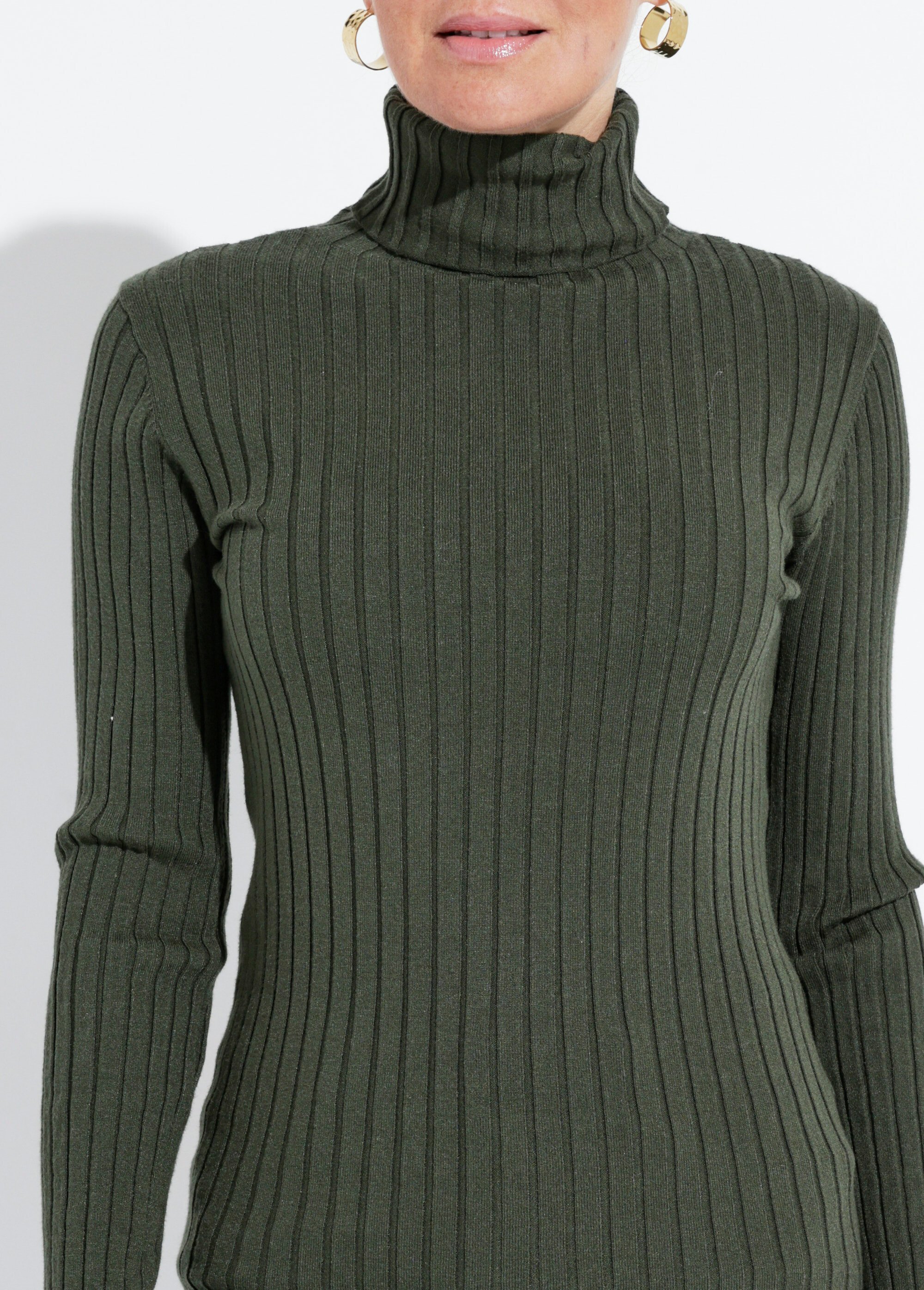 Pull col roulé fin, mailles plates Femme Vert IA-PL18 DE1