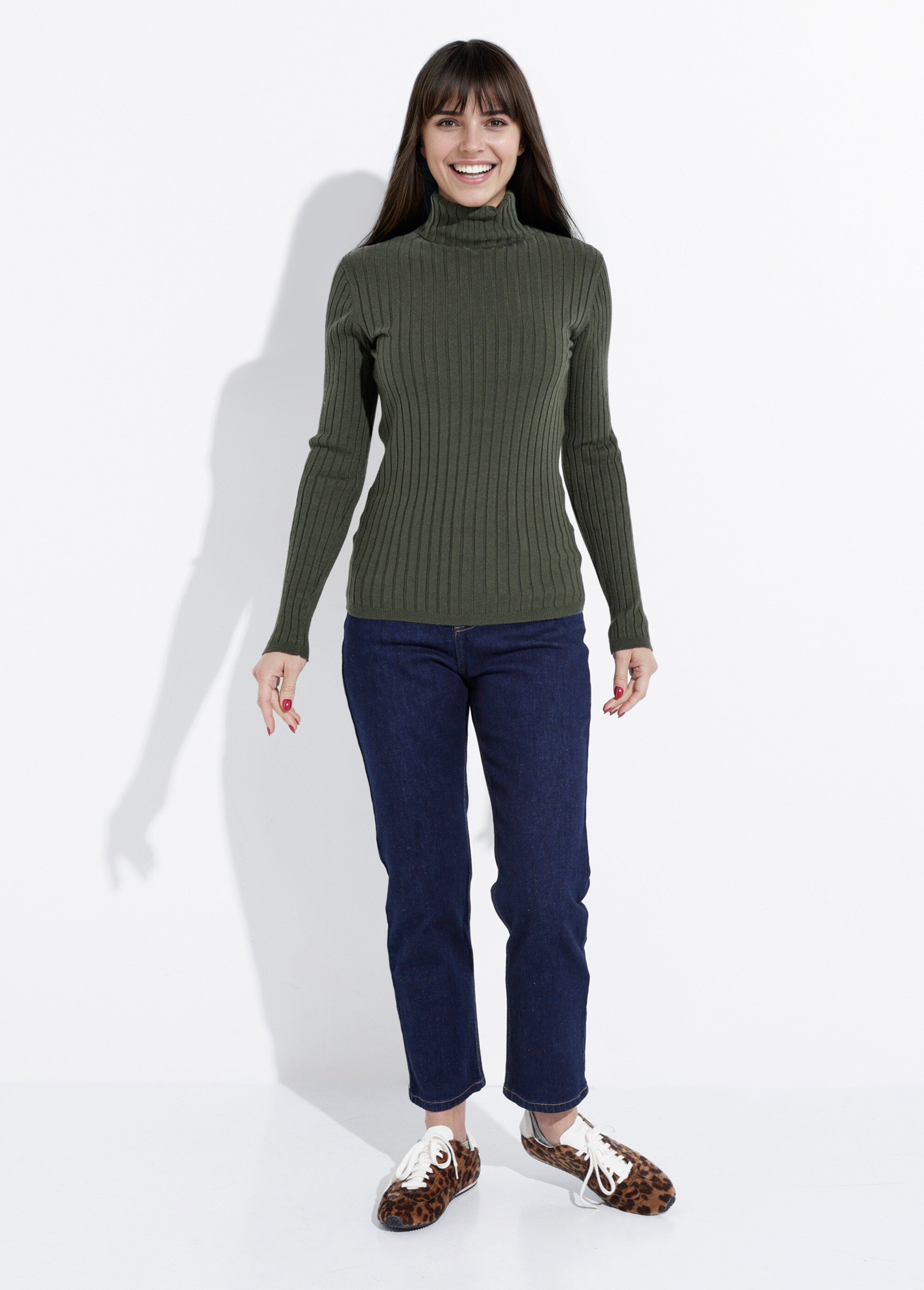 Pull col roulé fin, mailles plates Femme Vert IA-PL18 SF1