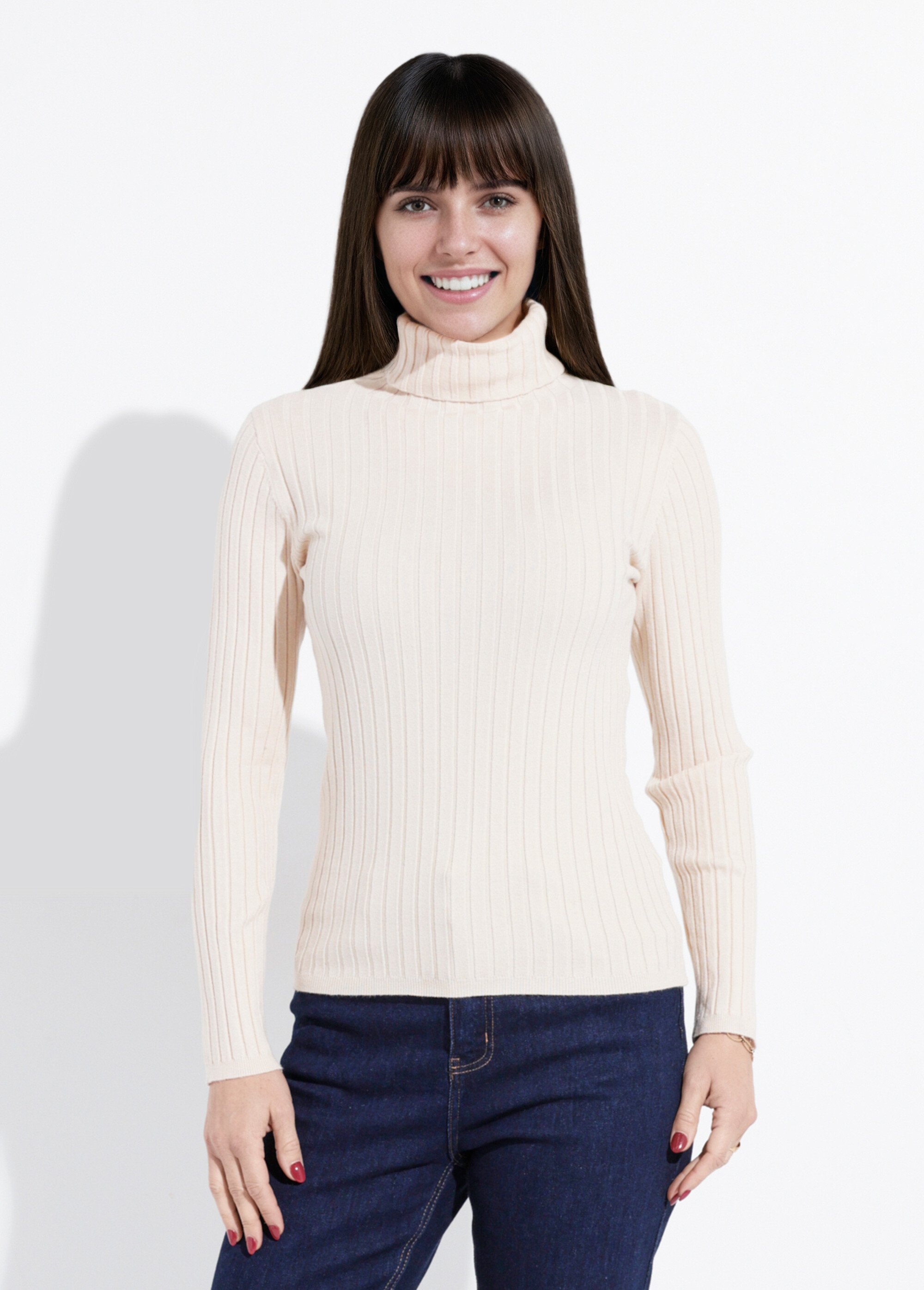 Pull col roulé fin, mailles plates Femme Beige IA-PL18 FA1