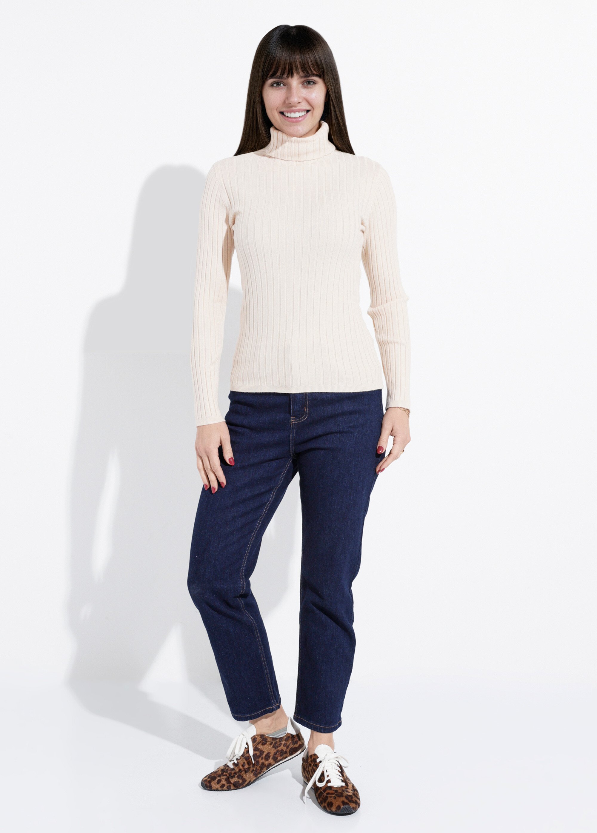 Pull col roulé fin, mailles plates Femme Beige IA-PL18 SF1
