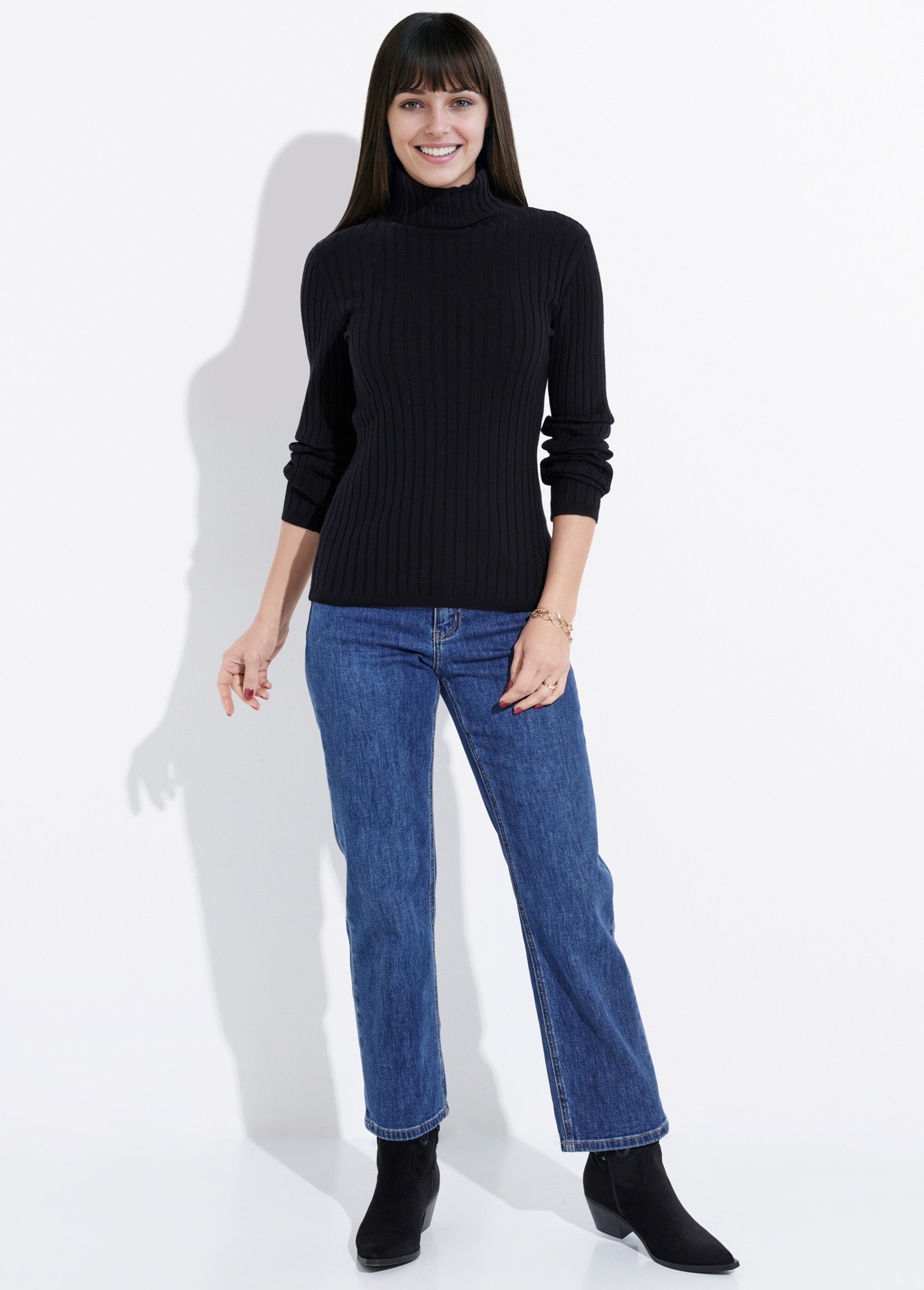 Pull col roulé fin, mailles plates Femme Noir IA-PL18 SF1