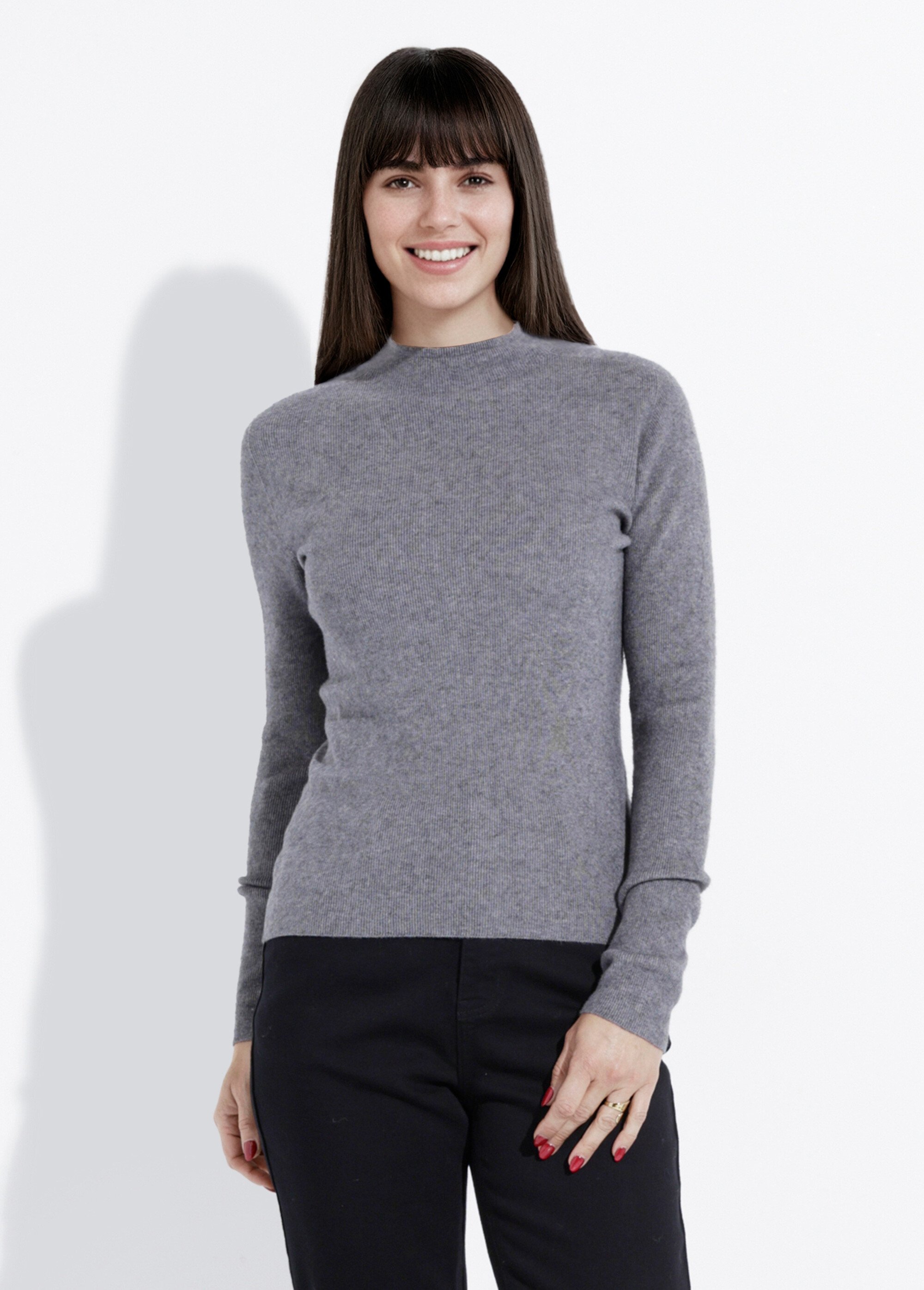 Pull col roulotté forme ajustée Femme Gris IA-AR963 FA1